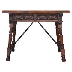 Spanish Console or Side Table with Two Carved sides and Iron Stretcher