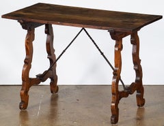 Spanish Console or Trestle Table of Patinated Walnut with Metal Strap Supports