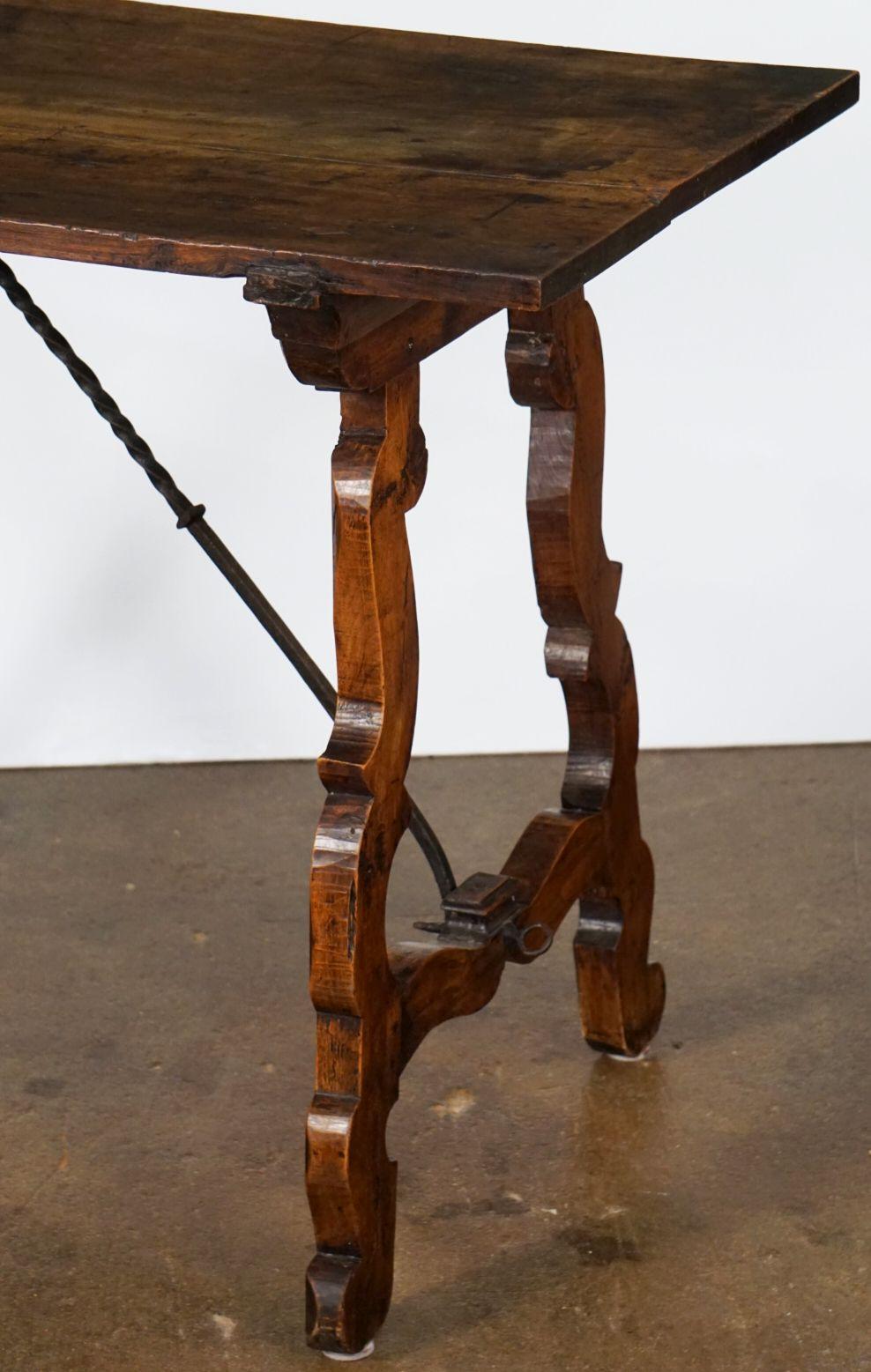 19th Century Spanish Console or Trestle Table of Patinated Walnut with Metal Strap Supports For Sale