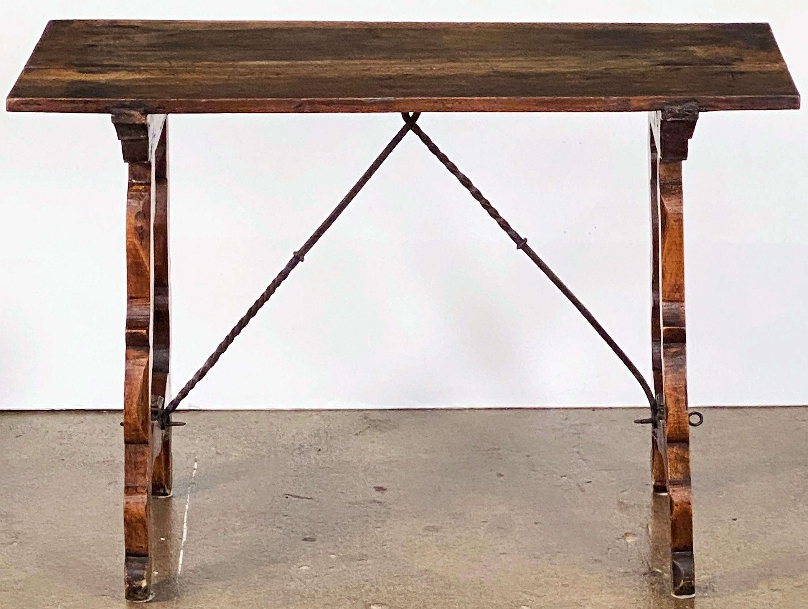 Spanish Console or Trestle Table of Patinated Walnut with Metal Strap Supports For Sale 1