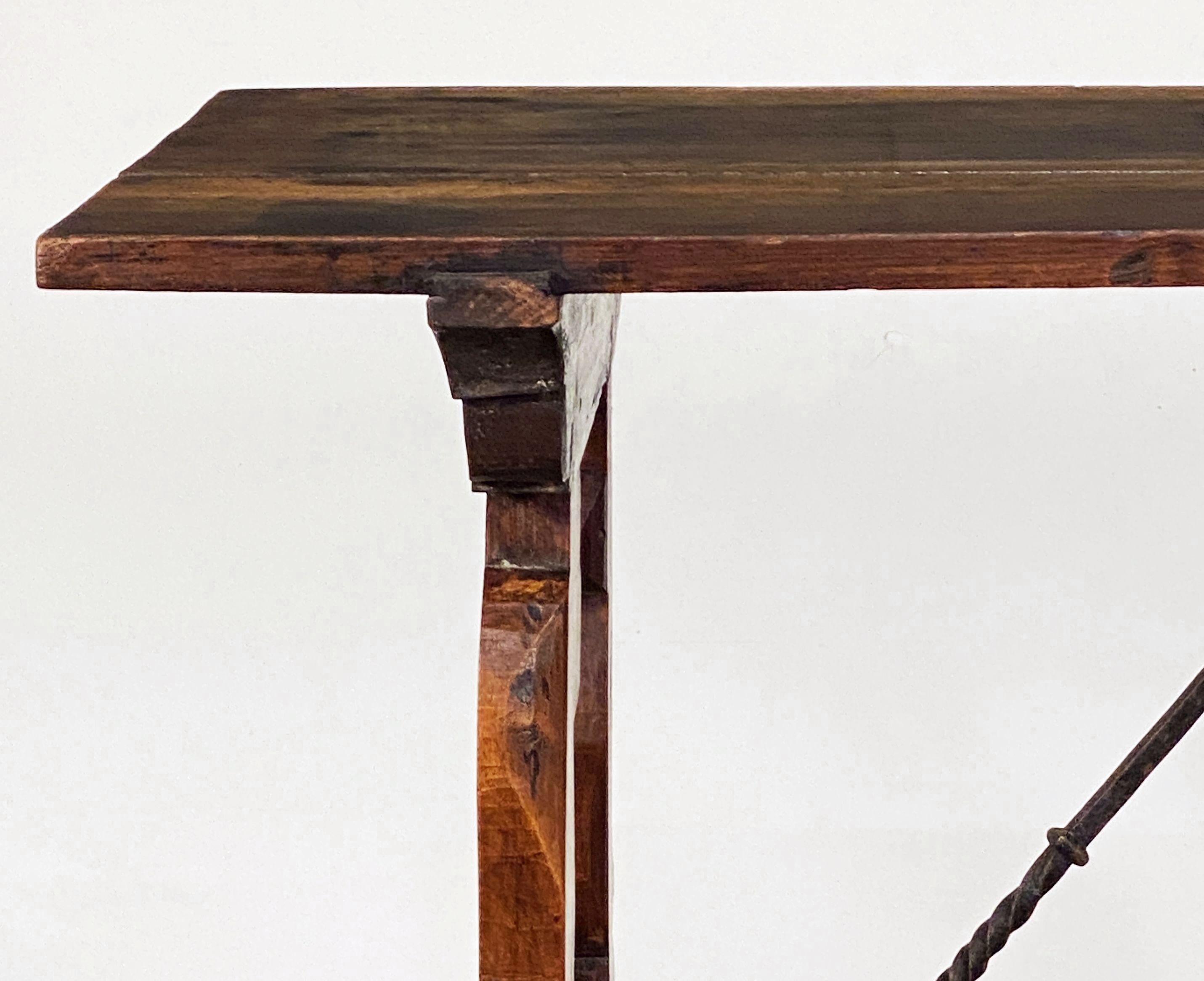 Spanish Console or Trestle Table of Patinated Walnut with Metal Strap Supports For Sale 2