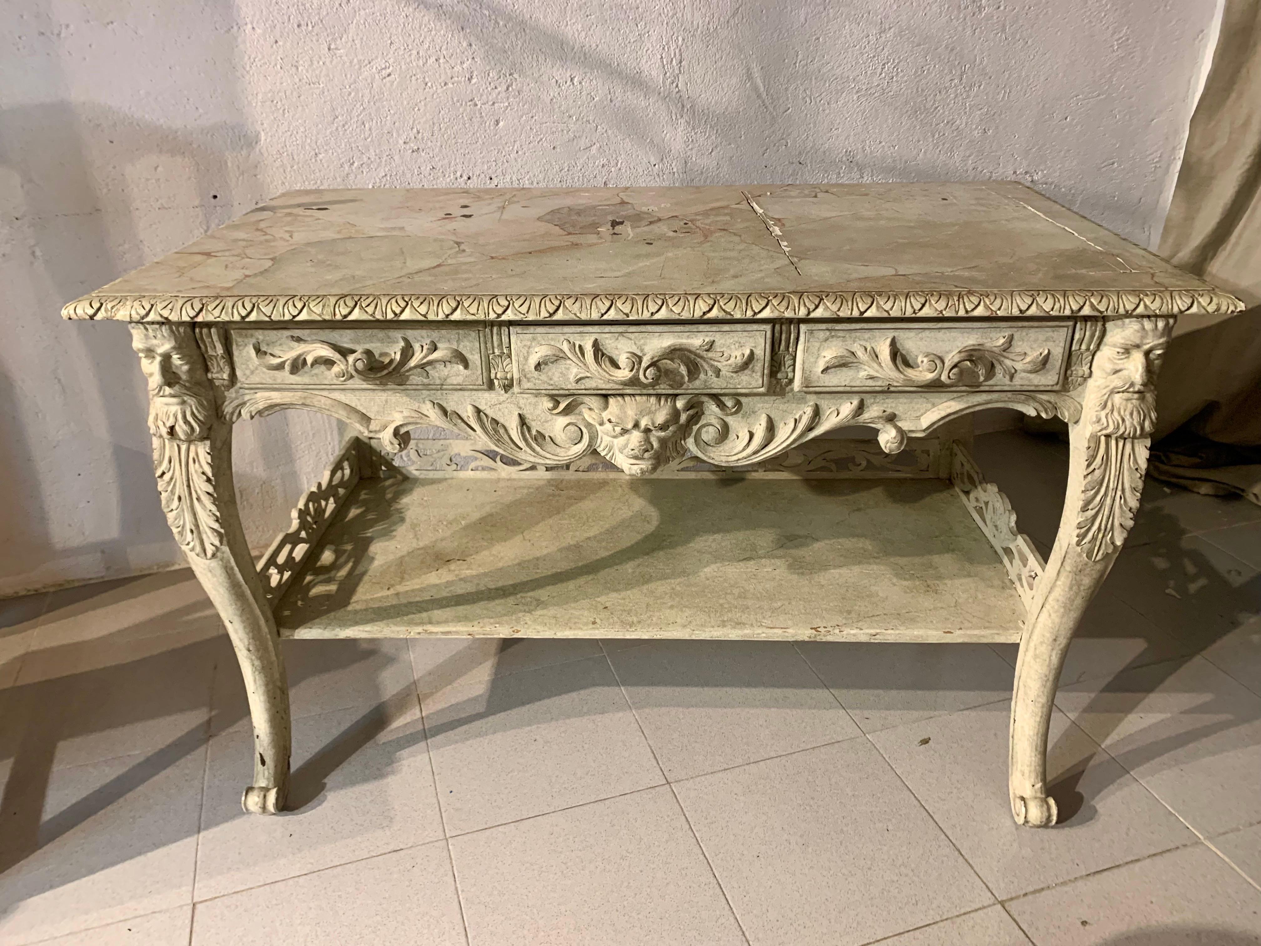 Spanish Console Table Bleached Carved Oak Wood For Sale 5