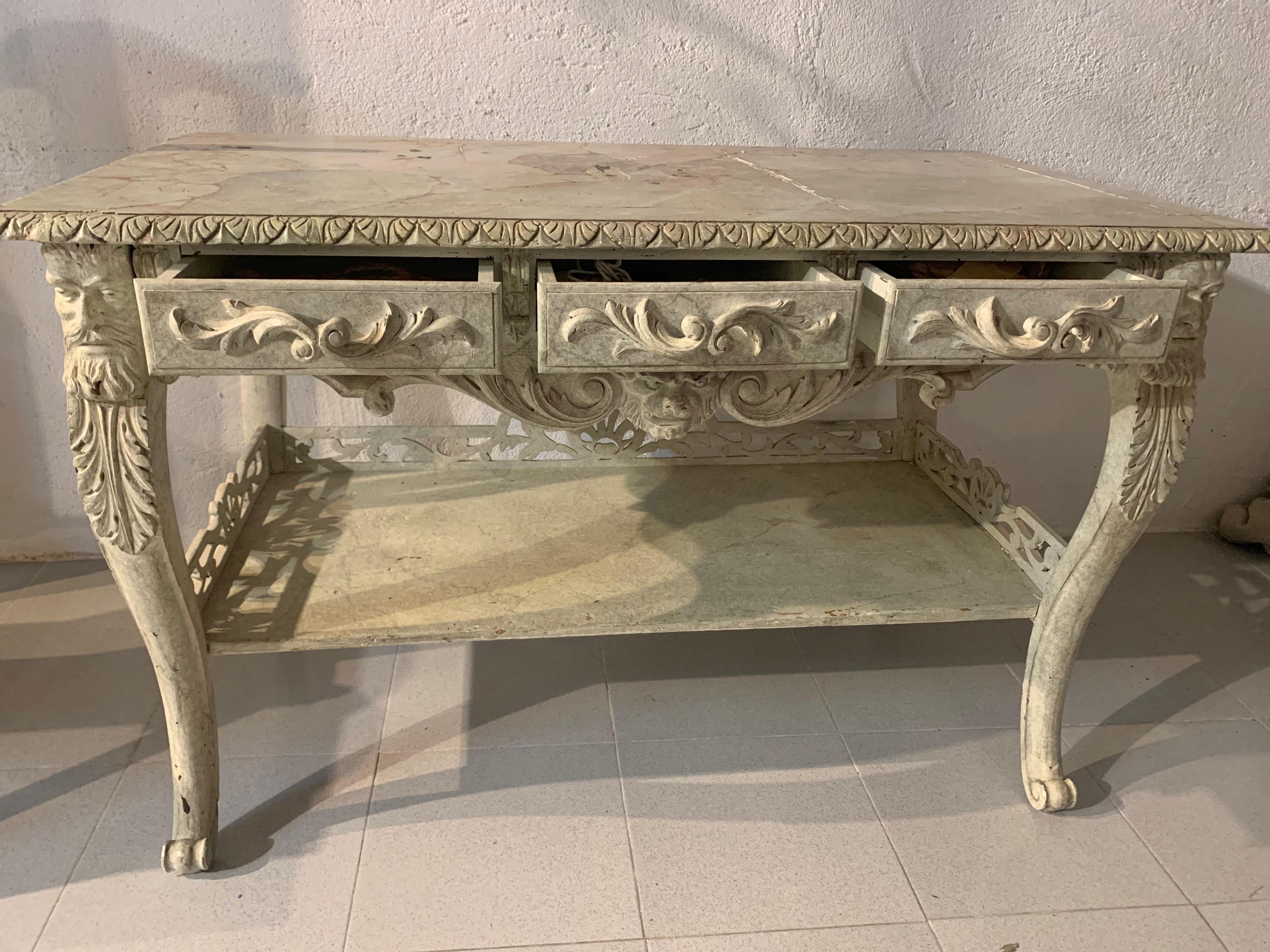 Spanish Console Table Bleached Carved Oak Wood For Sale 11