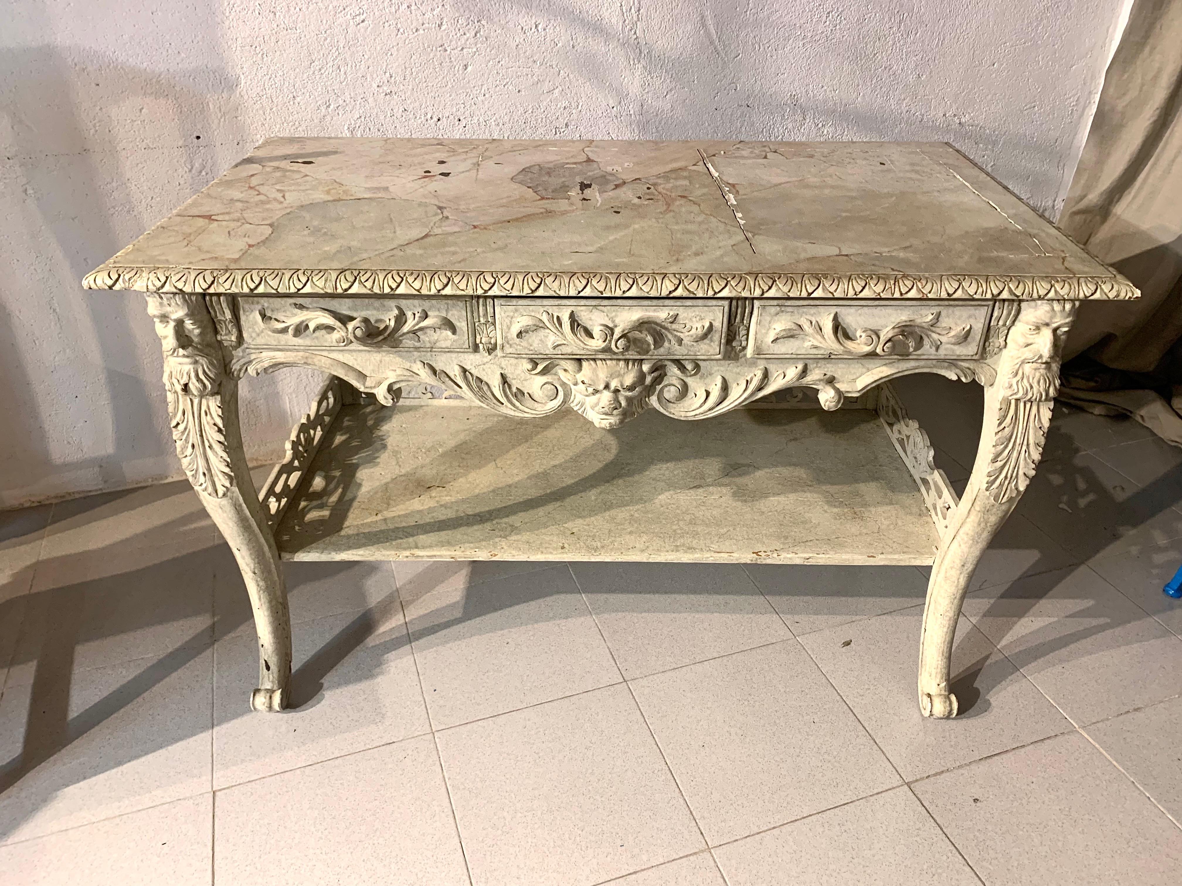 Spanish Console Table Bleached Carved Oak Wood In Good Condition For Sale In Madrid, ES