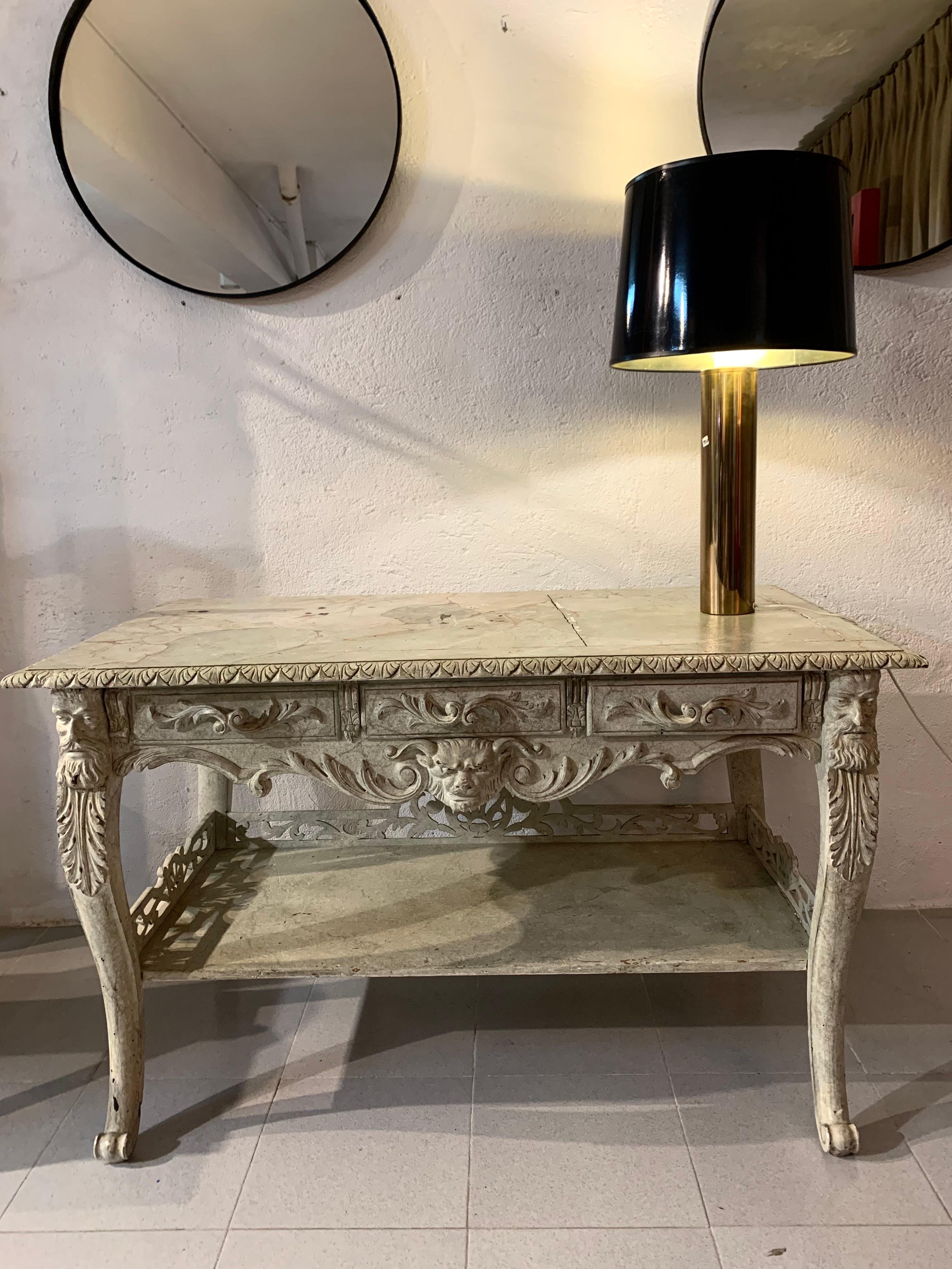 19th Century Spanish Console Table Bleached Carved Oak Wood For Sale