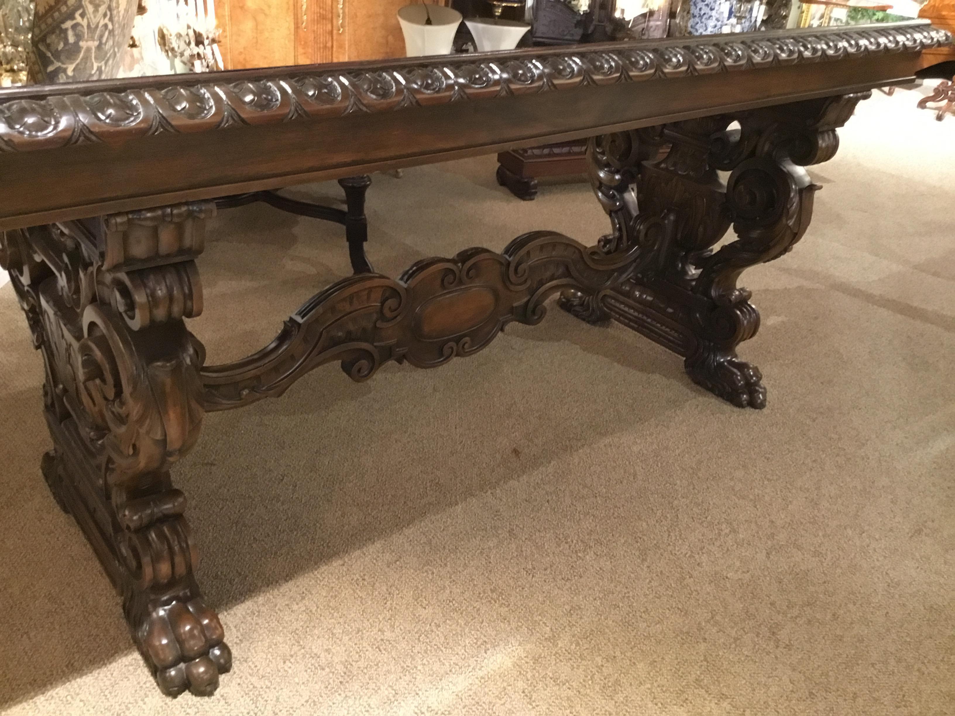 Spanish Console Table in Carved Dark Walnut with Mirrored Top In Good Condition For Sale In Houston, TX