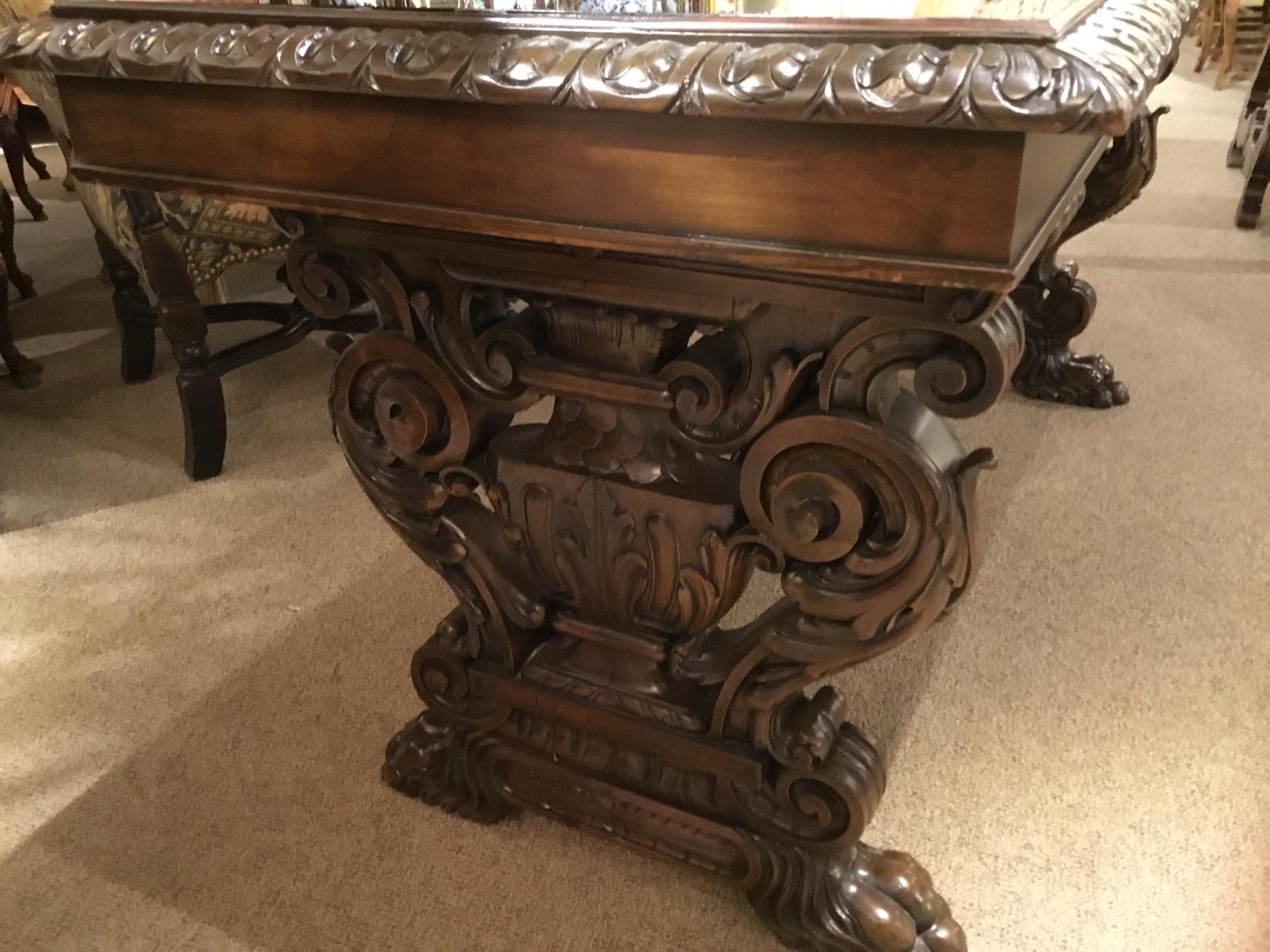 20th Century Spanish Console Table in Carved Dark Walnut with Mirrored Top For Sale