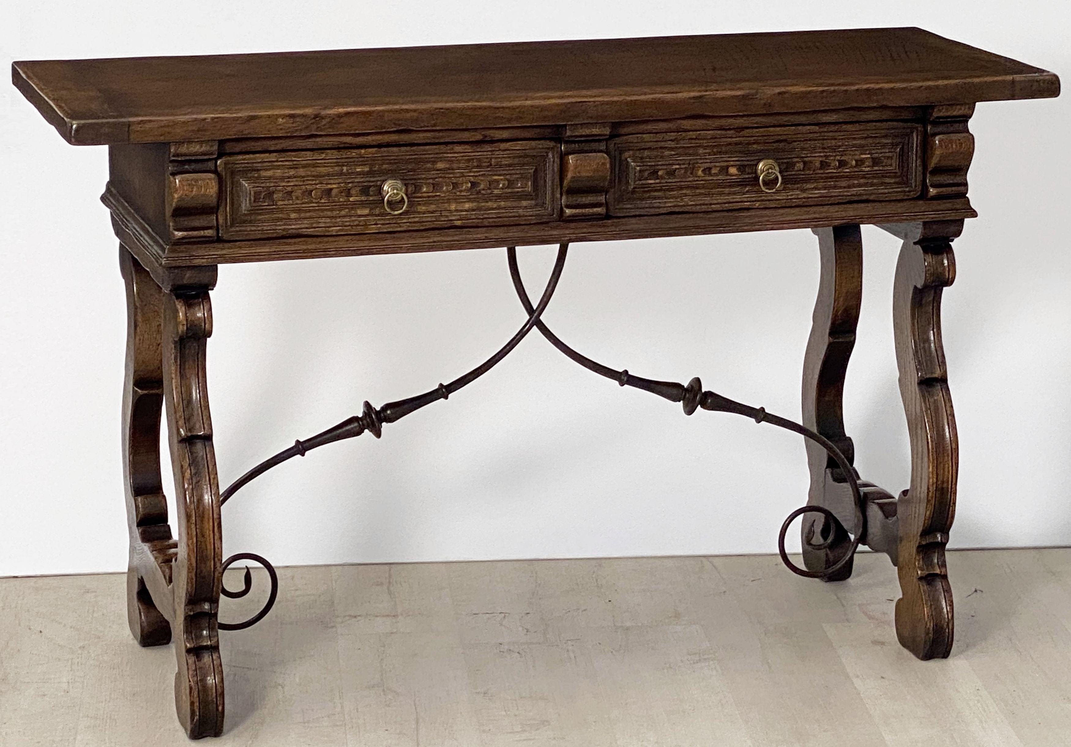 Metal Spanish Console Table of Oak and Wrought Iron
