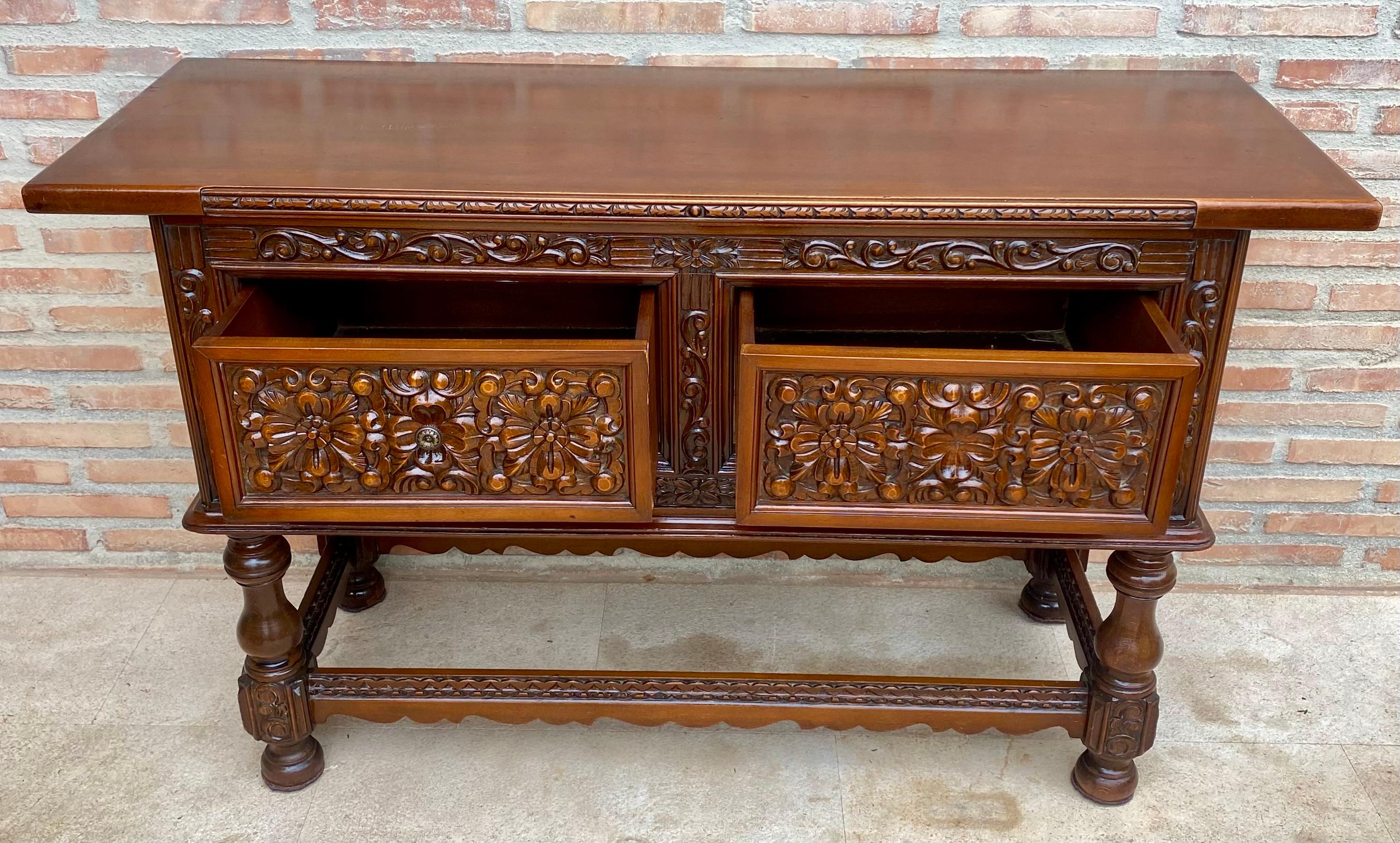 Baroque Spanish Console Table with Four Carved Drawers, 1930s For Sale