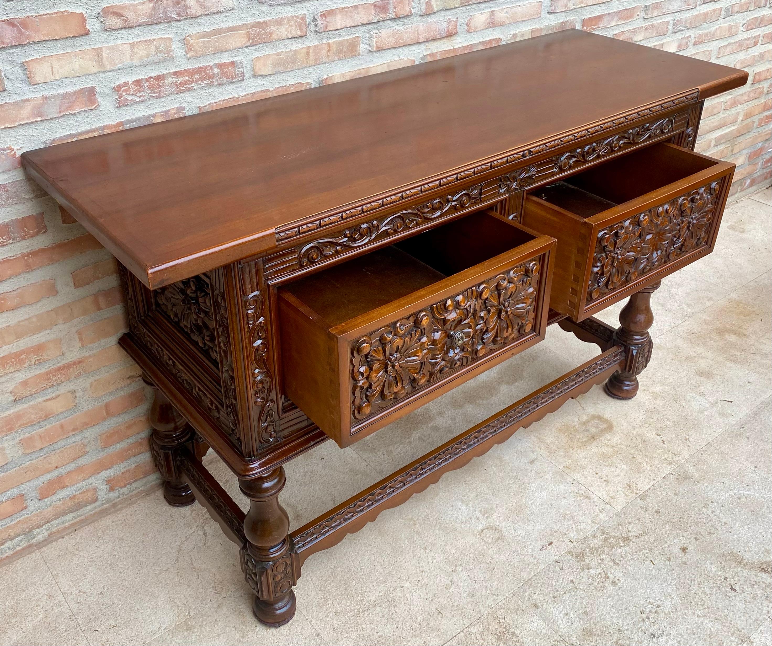 Spanish Console Table with Four Carved Drawers, 1930s In Good Condition For Sale In Miami, FL