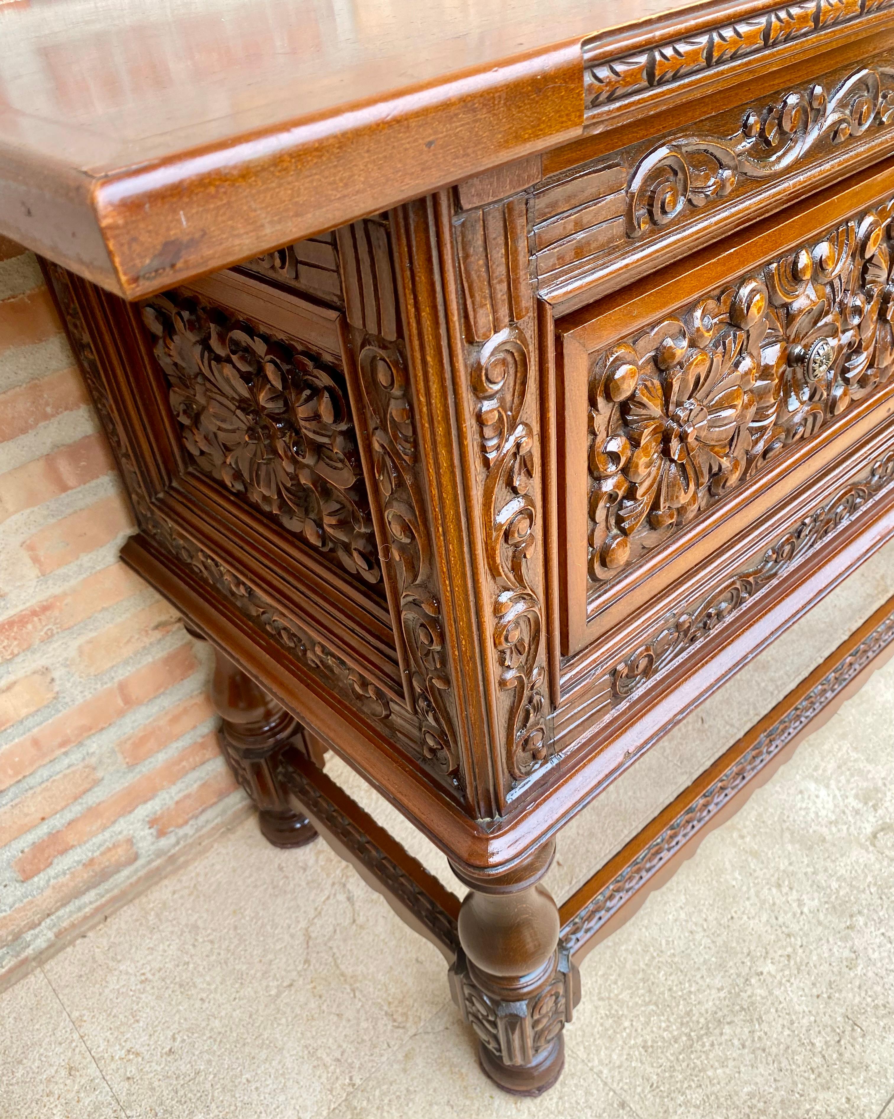 Walnut Spanish Console Table with Four Carved Drawers, 1930s For Sale