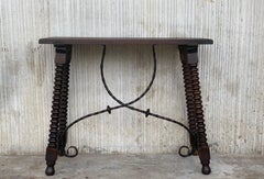 Spanish Console Table with Iron Stretcher and Shaped Legs, Side Table, Baroque
