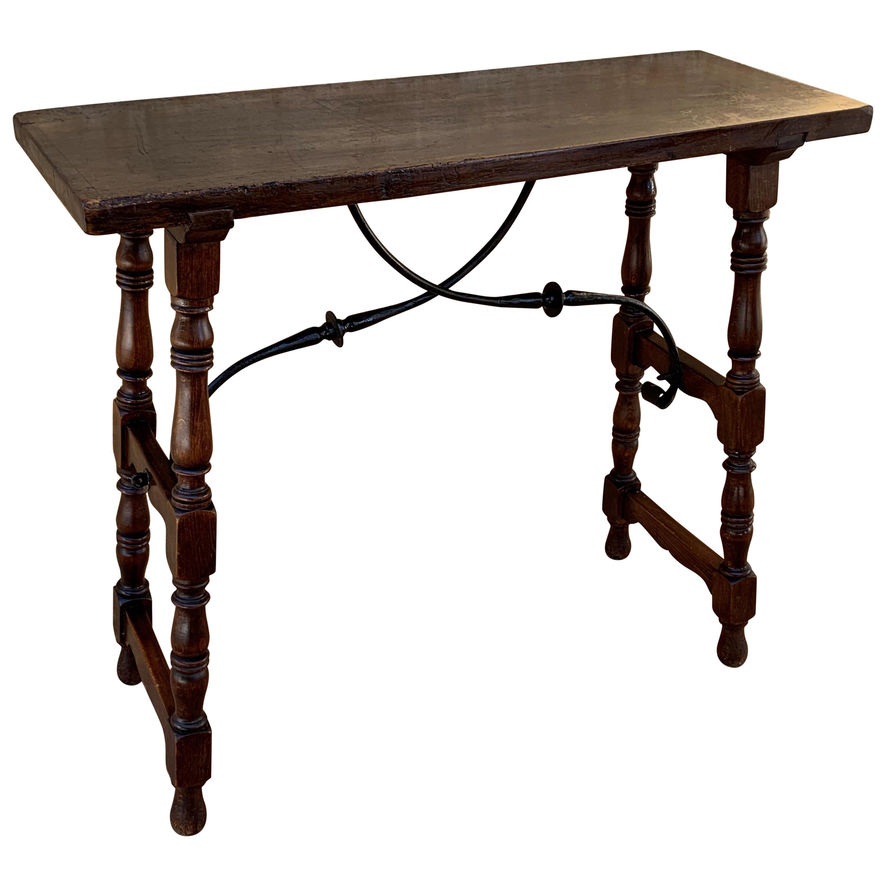 Spanish Console Table with Iron Stretcher and Shaped Legs, Side Table, Baroque