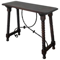 Spanish Console Table with Iron Stretcher and Shaped Legs, Side Table, Baroque