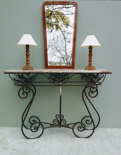 Spanish Console Table with Marble Top and Forged Legs, 20th Century