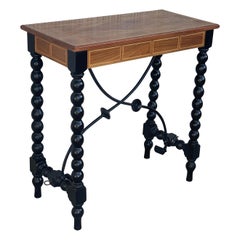Spanish Console Table with Marquetry Top, Ebonized Legs & Iron Stretcher