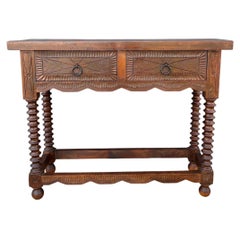 Spanish Console Table with Turned Legs and Carved Drawers, Early 20th Century