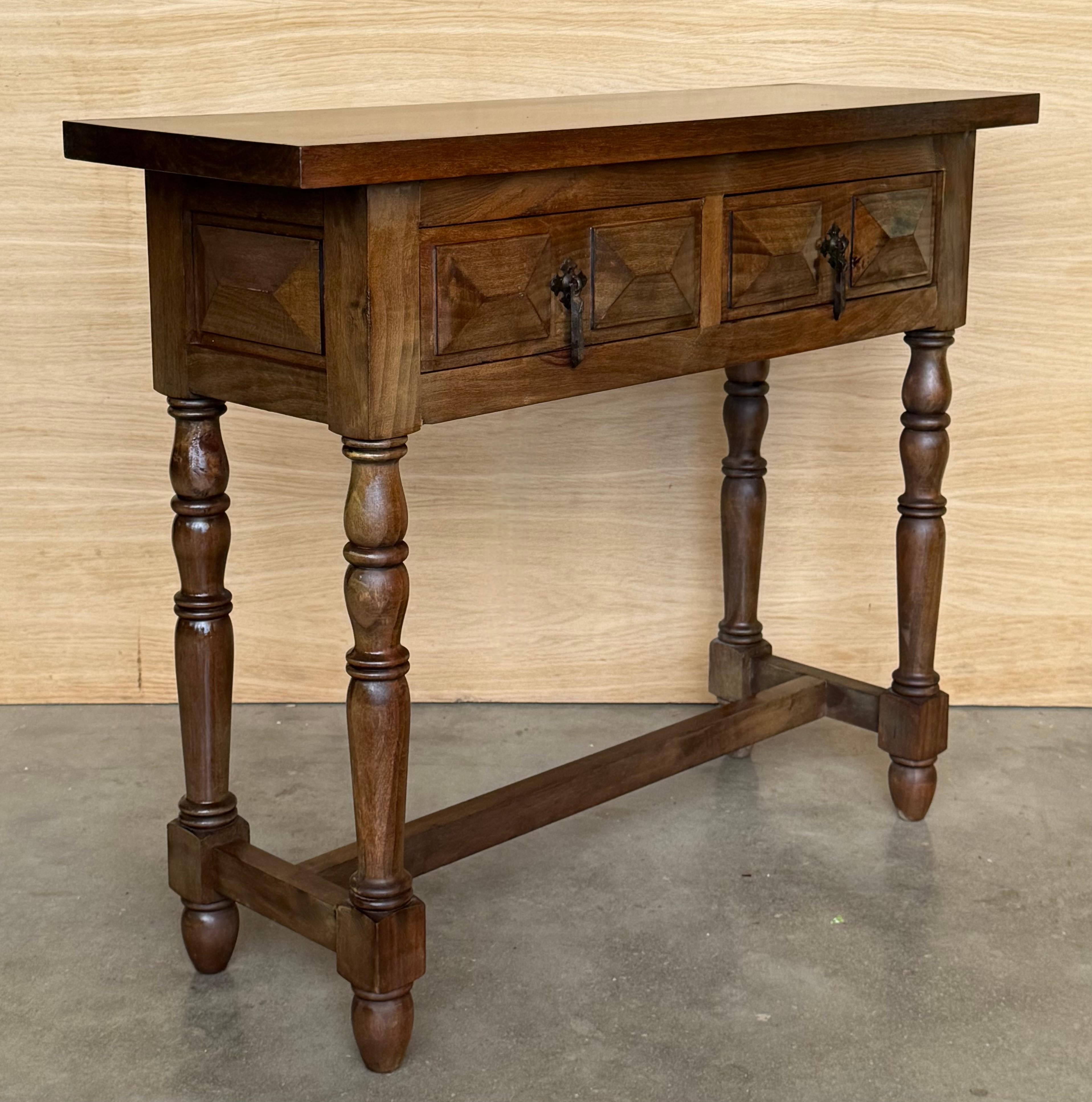 Walnut Spanish Console Table with Two Carved Drawers, 1900s For Sale