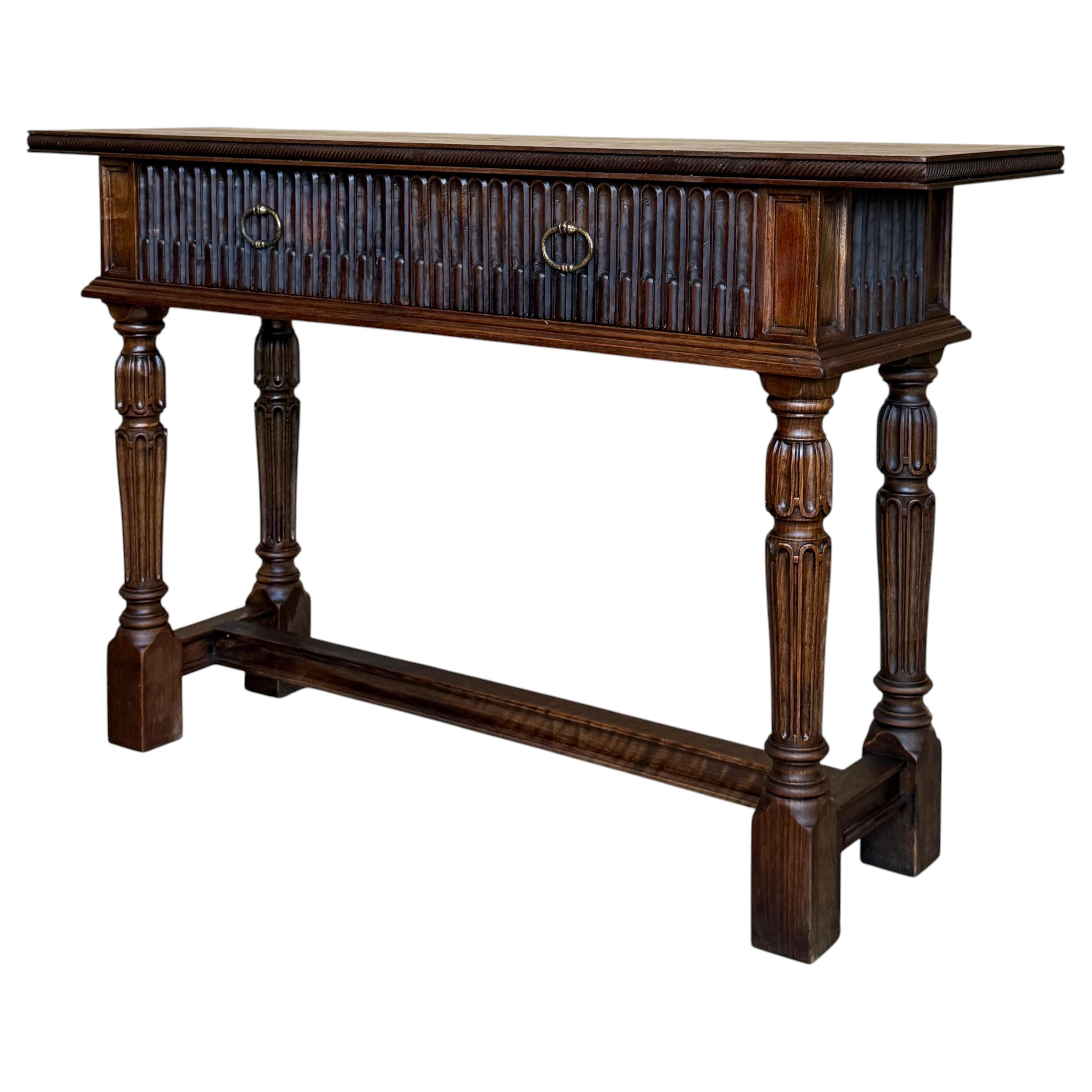 Spanish Console Table with Two Carved Drawers, 1900s