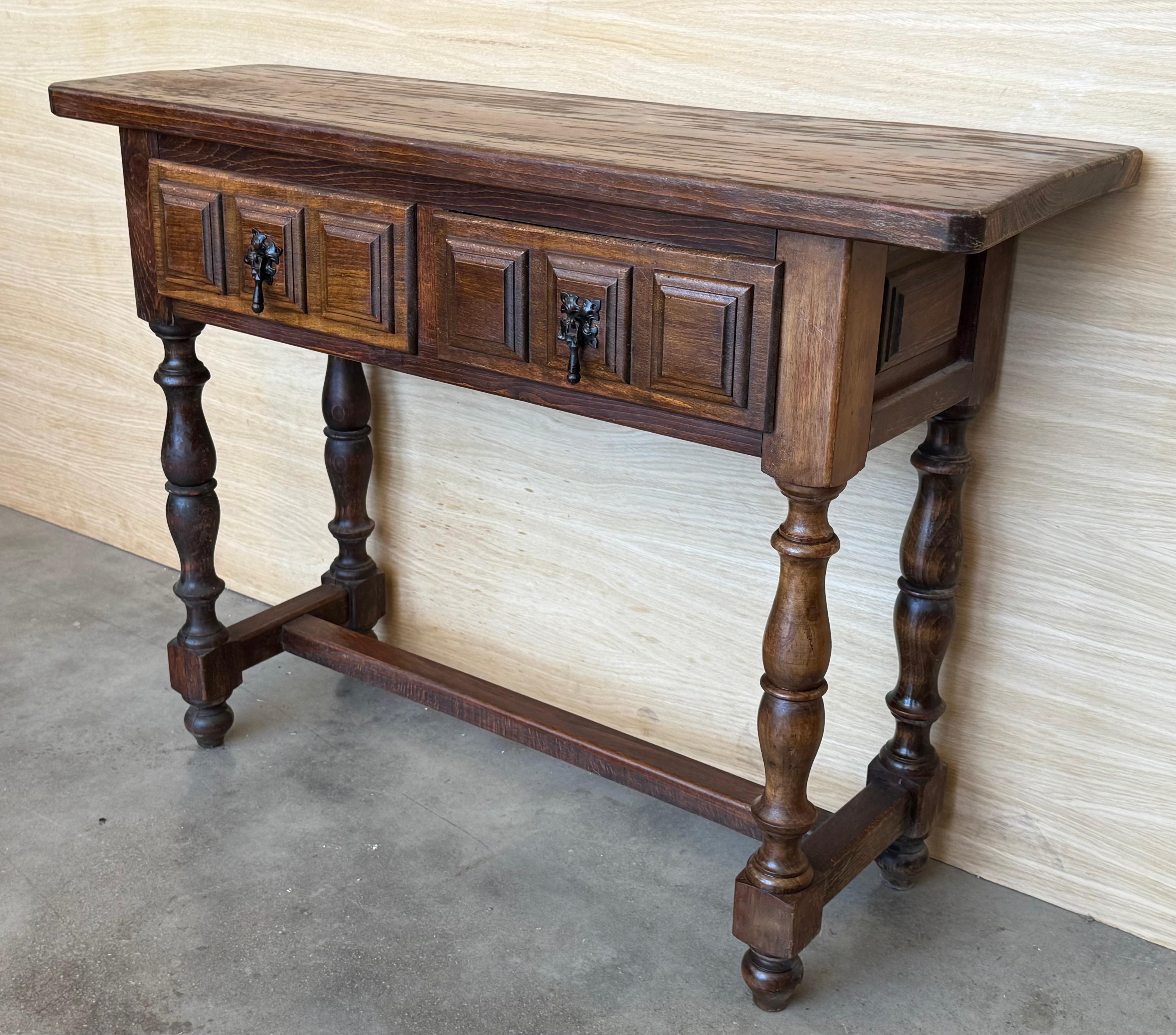 Walnut Spanish Console Table with Two Carved Drawers, 1940s For Sale