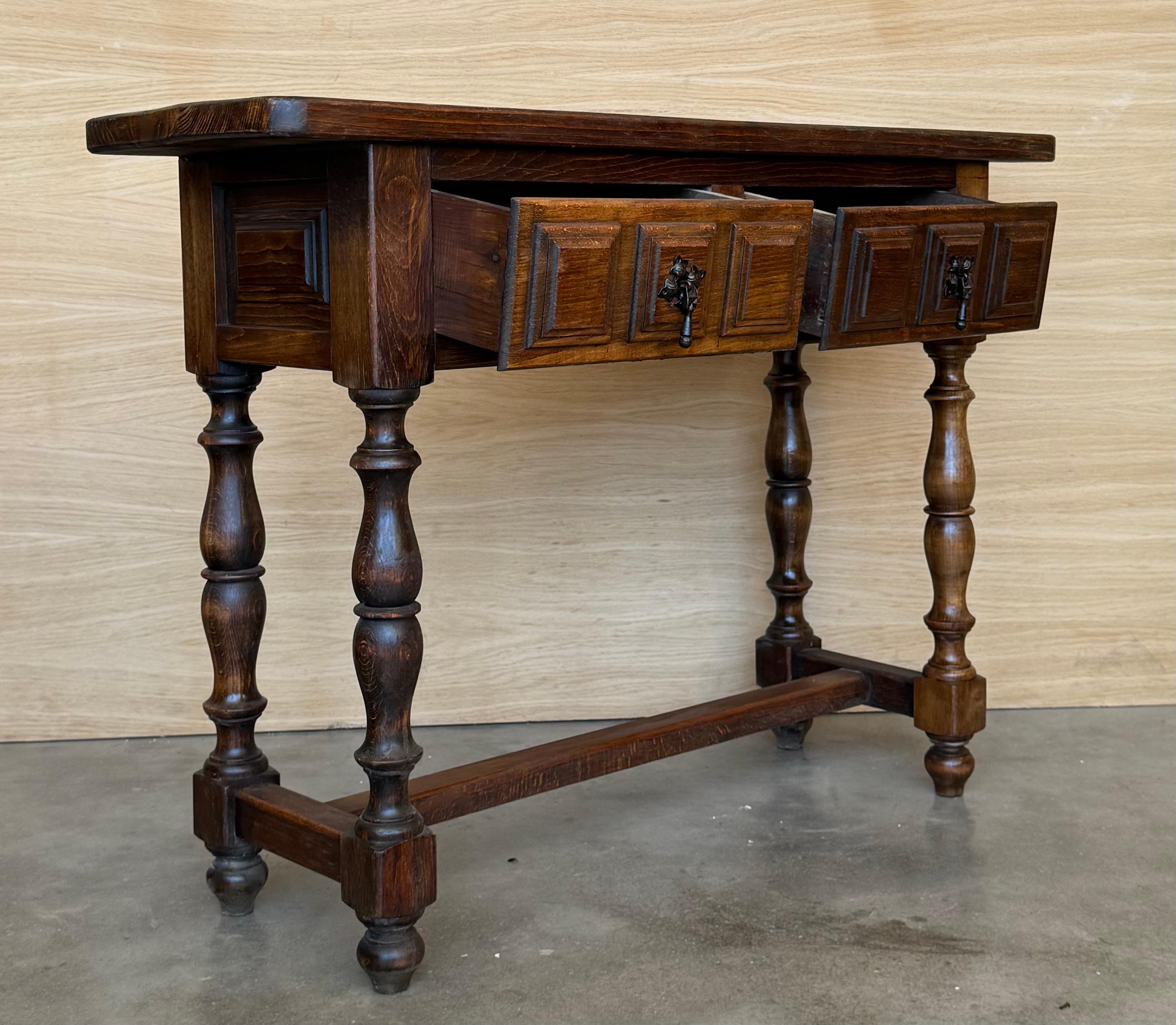 Spanish Console Table with Two Carved Drawers, 1940s For Sale 1