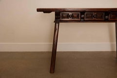 18th C. Spanish Beautifully Rustic Carved-Wood Trestle-Leg Table with Drawers