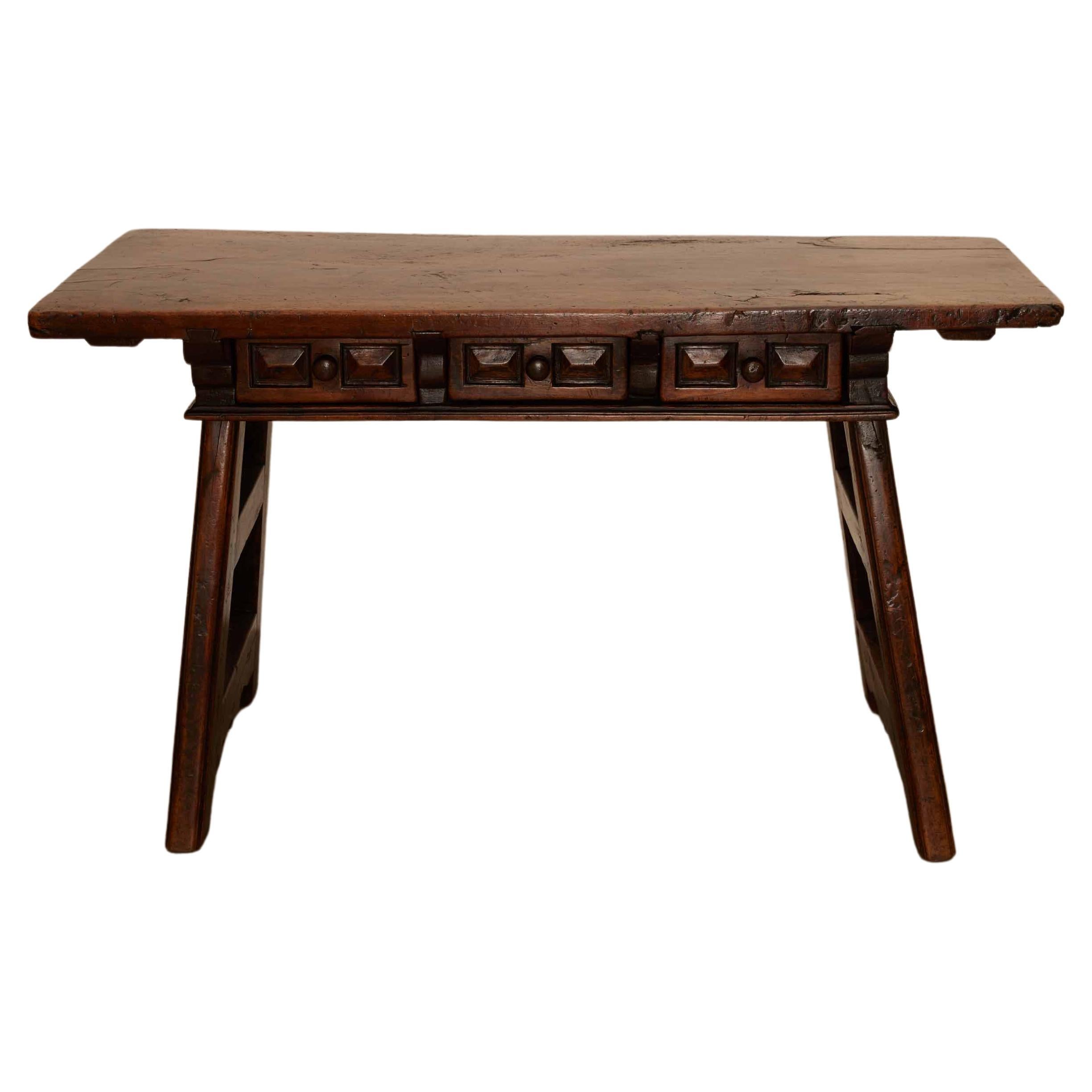 18th C. Spanish Beautifully Rustic Carved-Wood Trestle-Leg Table with Drawers For Sale