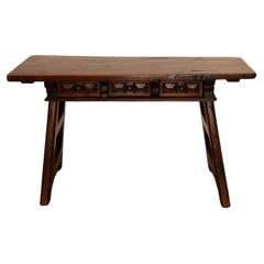 18th C. Spanish Beautifully Rustic Carved-Wood Trestle-Leg Table with Drawers