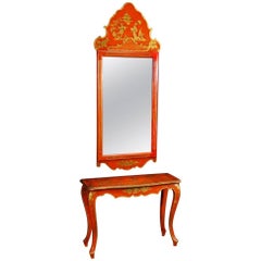 Spanish Console with Mirror in Lacquered and Gilded Chinoiserie Wood