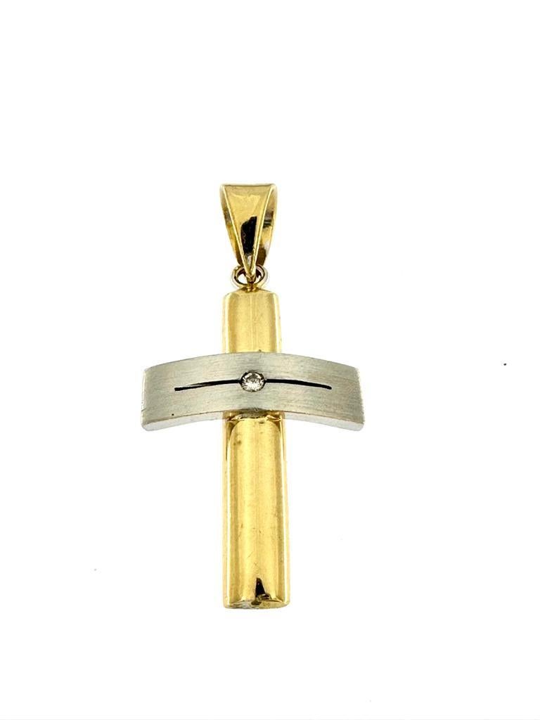 Women's or Men's Spanish Contemporary Cross in Yellow Gold and White Gold with Diamond For Sale