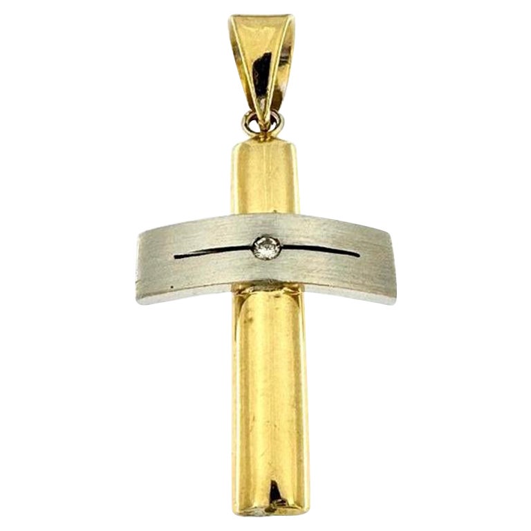 Cruz Contemporánea Española en Oro Amarillo y Oro Blanco con Diamante