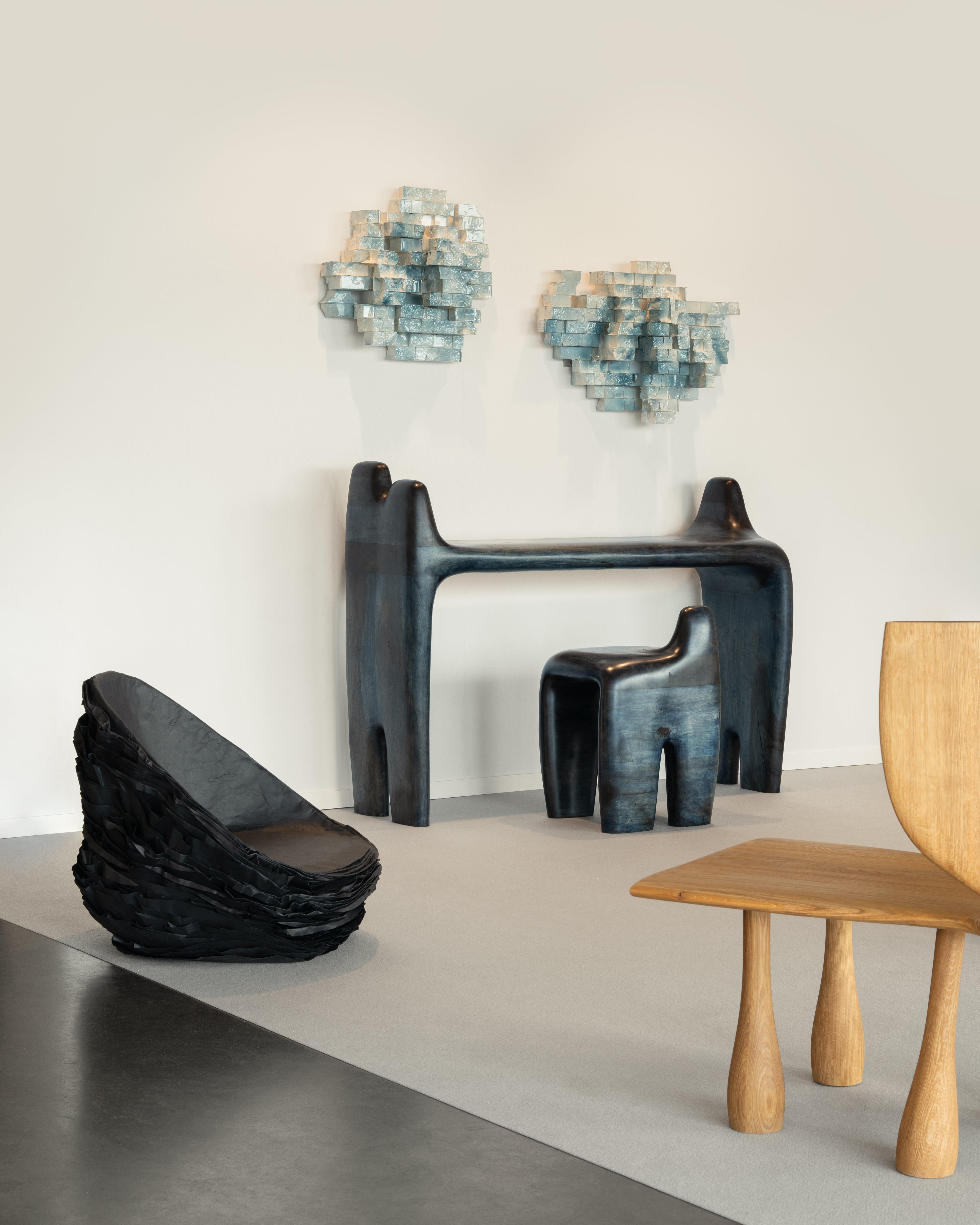 Spanish Contemporary Iberian Walnut Wood Indigo Blue Stool by Jordi Sarrate For Sale 6