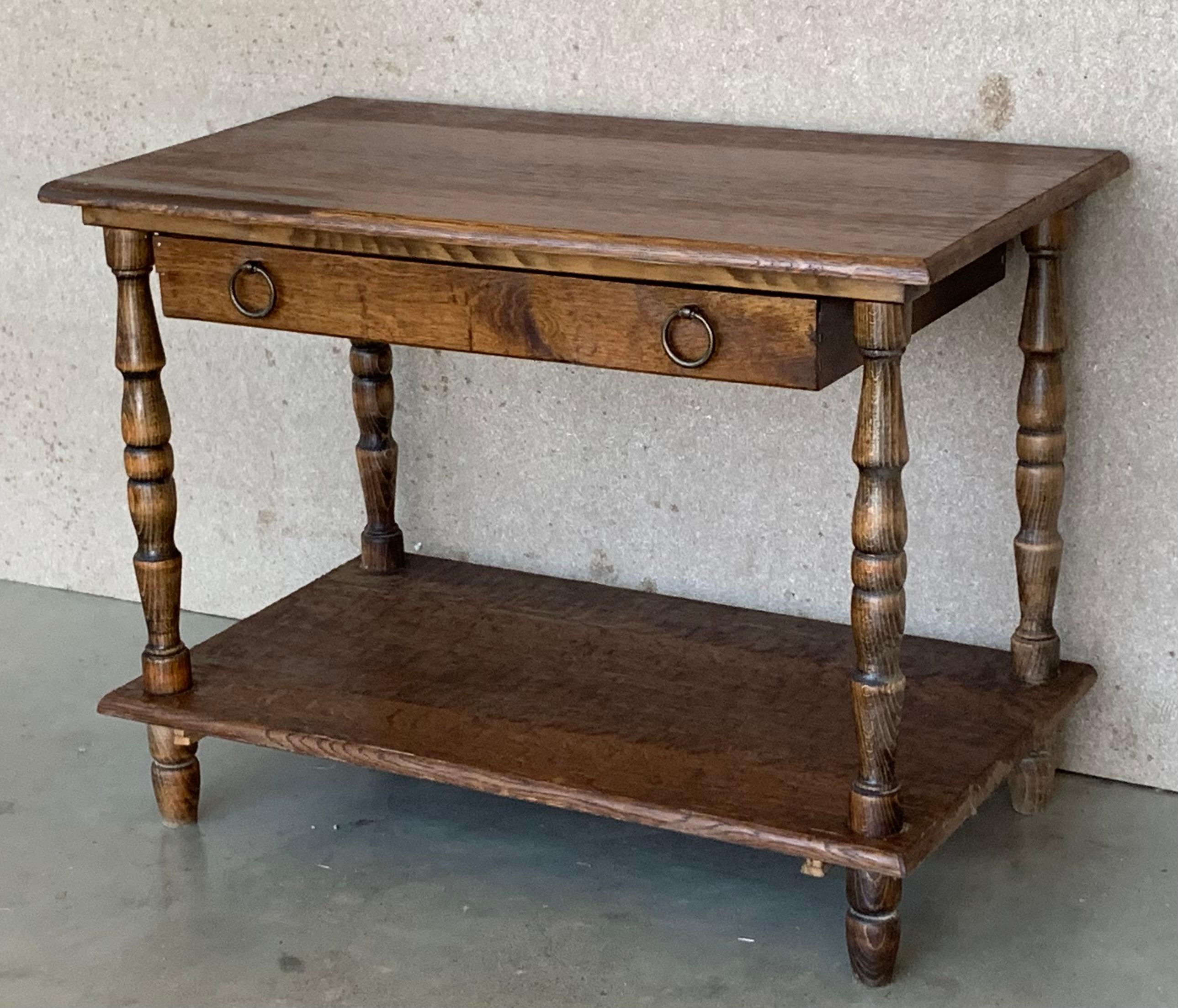 20th Century Spanish Country Pine Side Table with Drawer and Low Shelve For Sale
