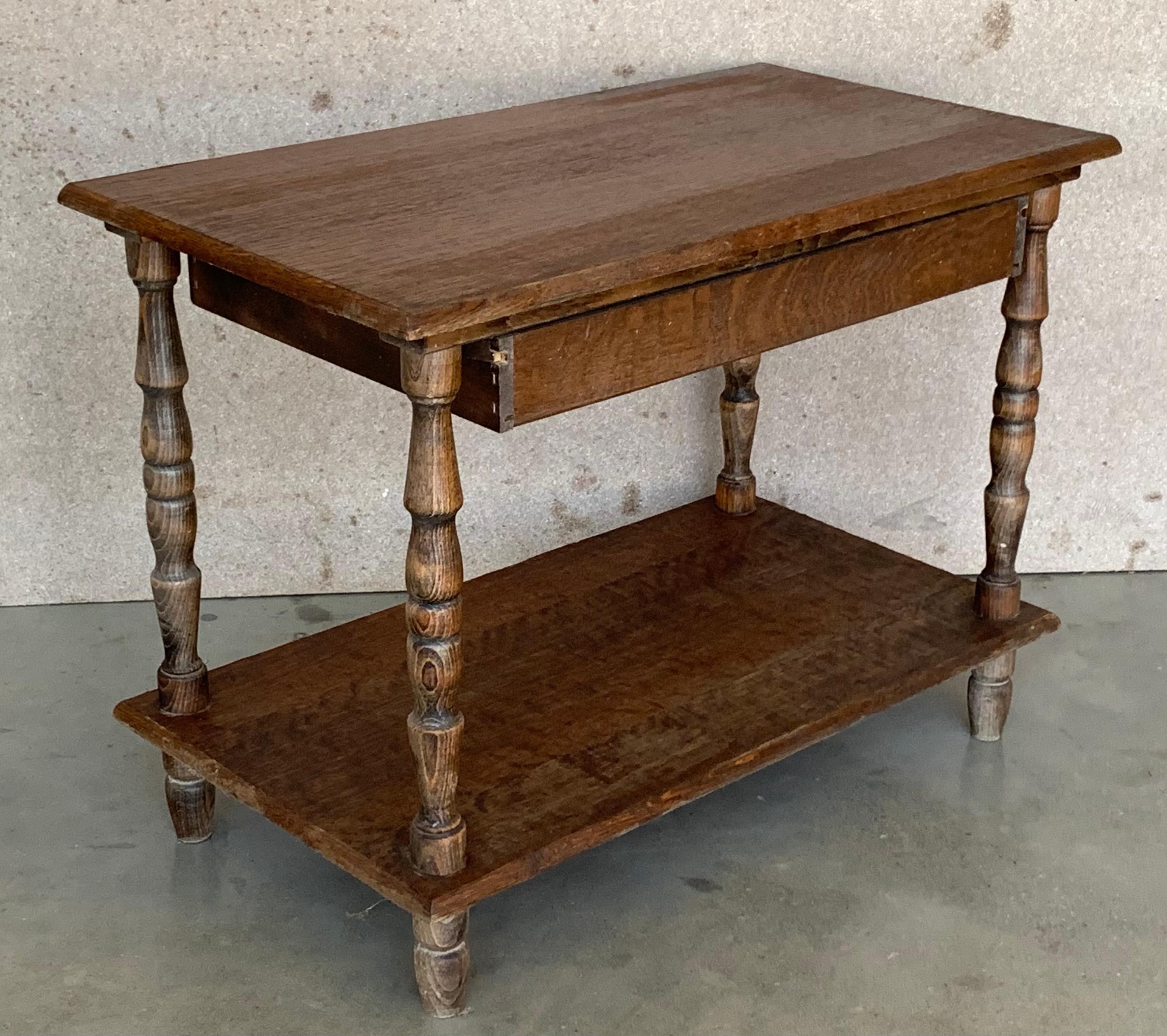 Iron Spanish Country Pine Side Table with Drawer and Low Shelve For Sale