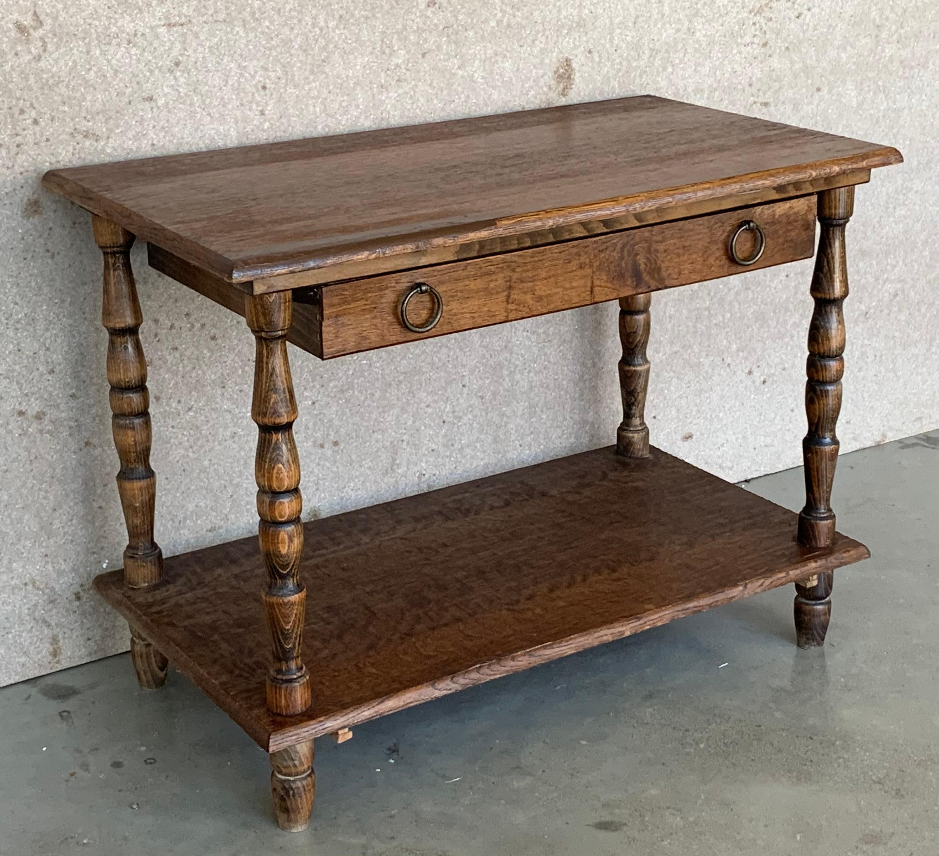 Spanish Country Pine Side Table with Drawer and Low Shelve For Sale 1