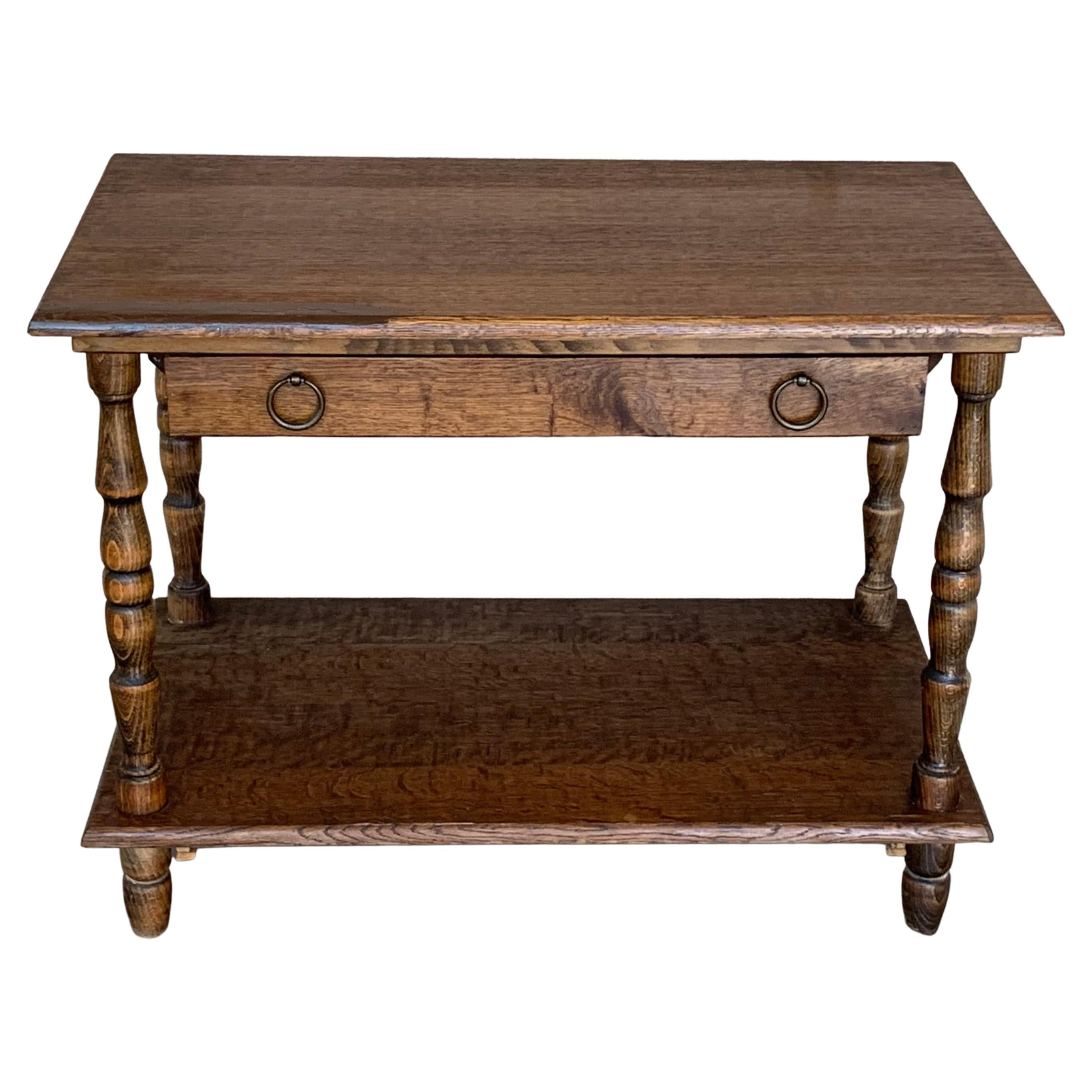 Spanish Country Pine Side Table with Drawer and Low Shelve For Sale