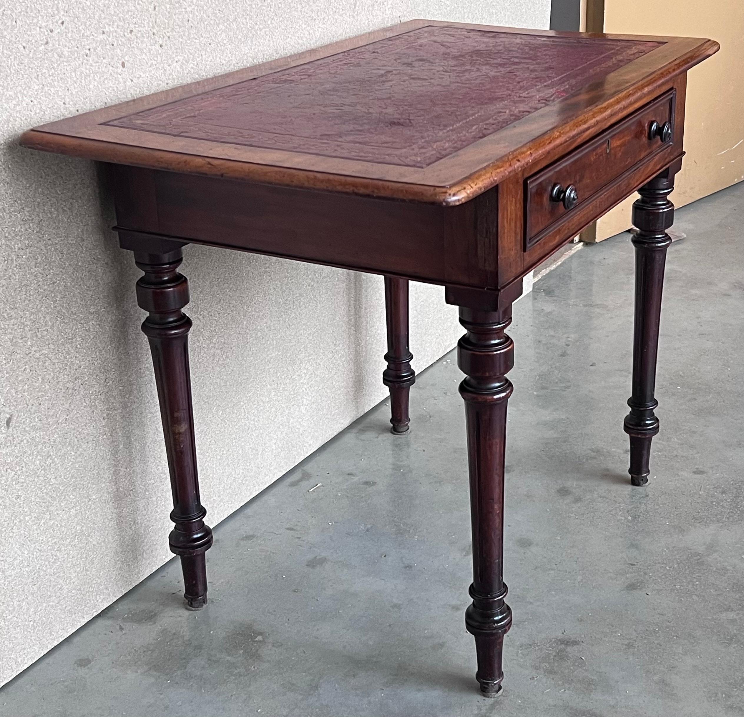 Iron Spanish Country Pine Side Table with Two sides Drawer and leather top For Sale