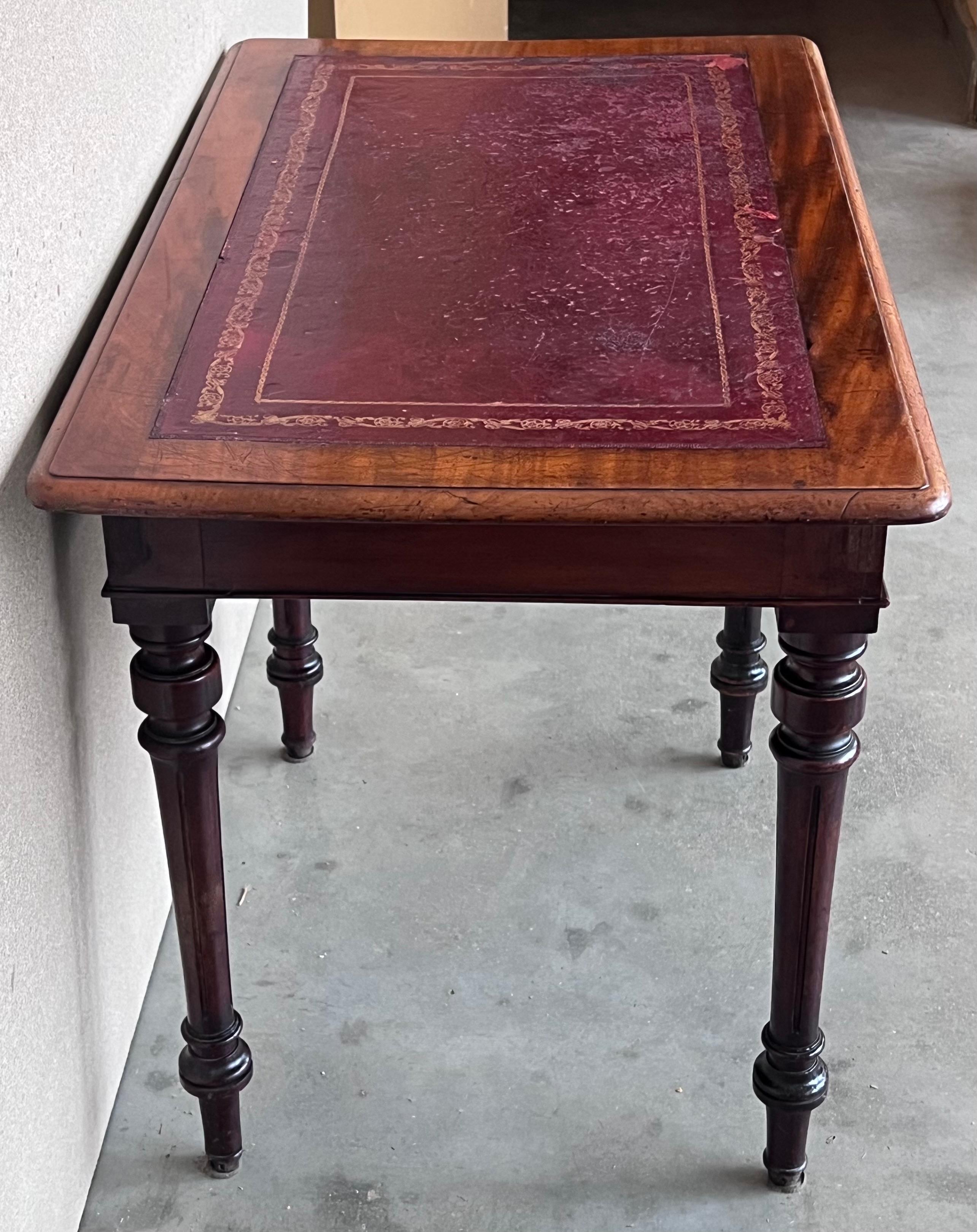 Spanish Country Pine Side Table with Two sides Drawer and leather top For Sale 1
