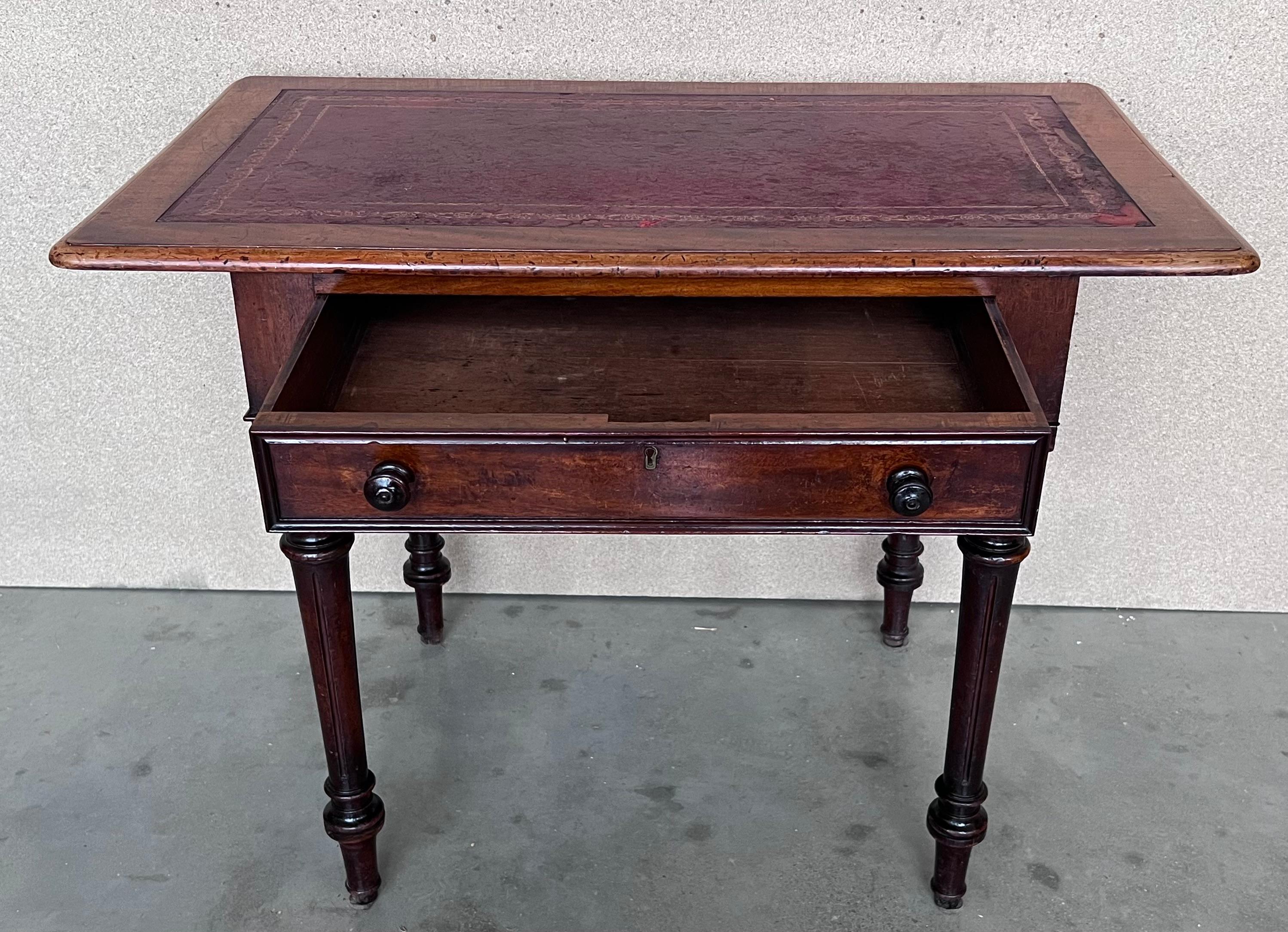 Spanish Country Pine Side Table with Two sides Drawer and leather top For Sale 3
