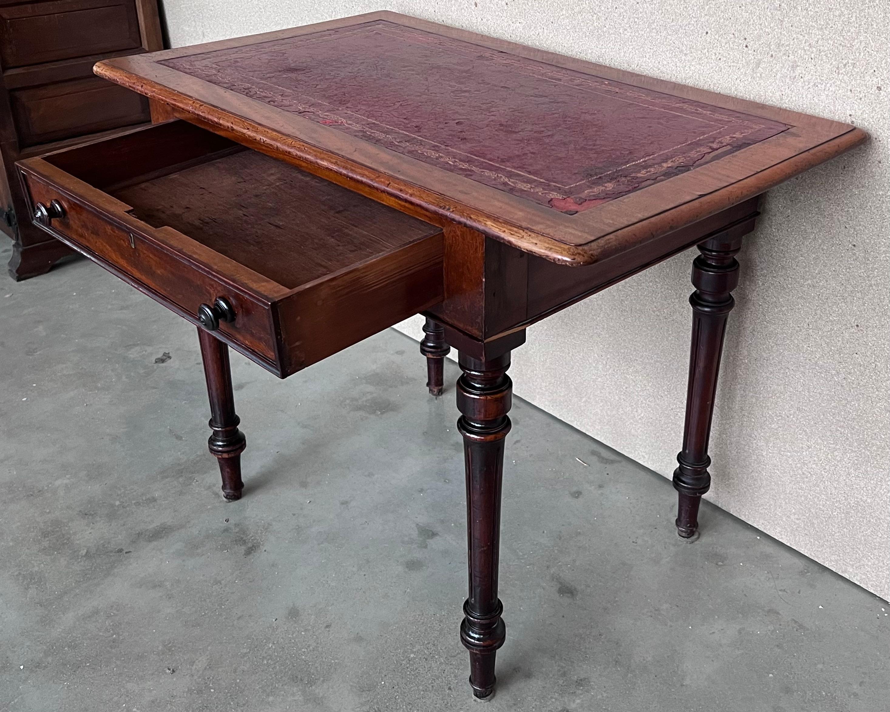 Spanish Country Pine Side Table with Two sides Drawer and leather top For Sale 4
