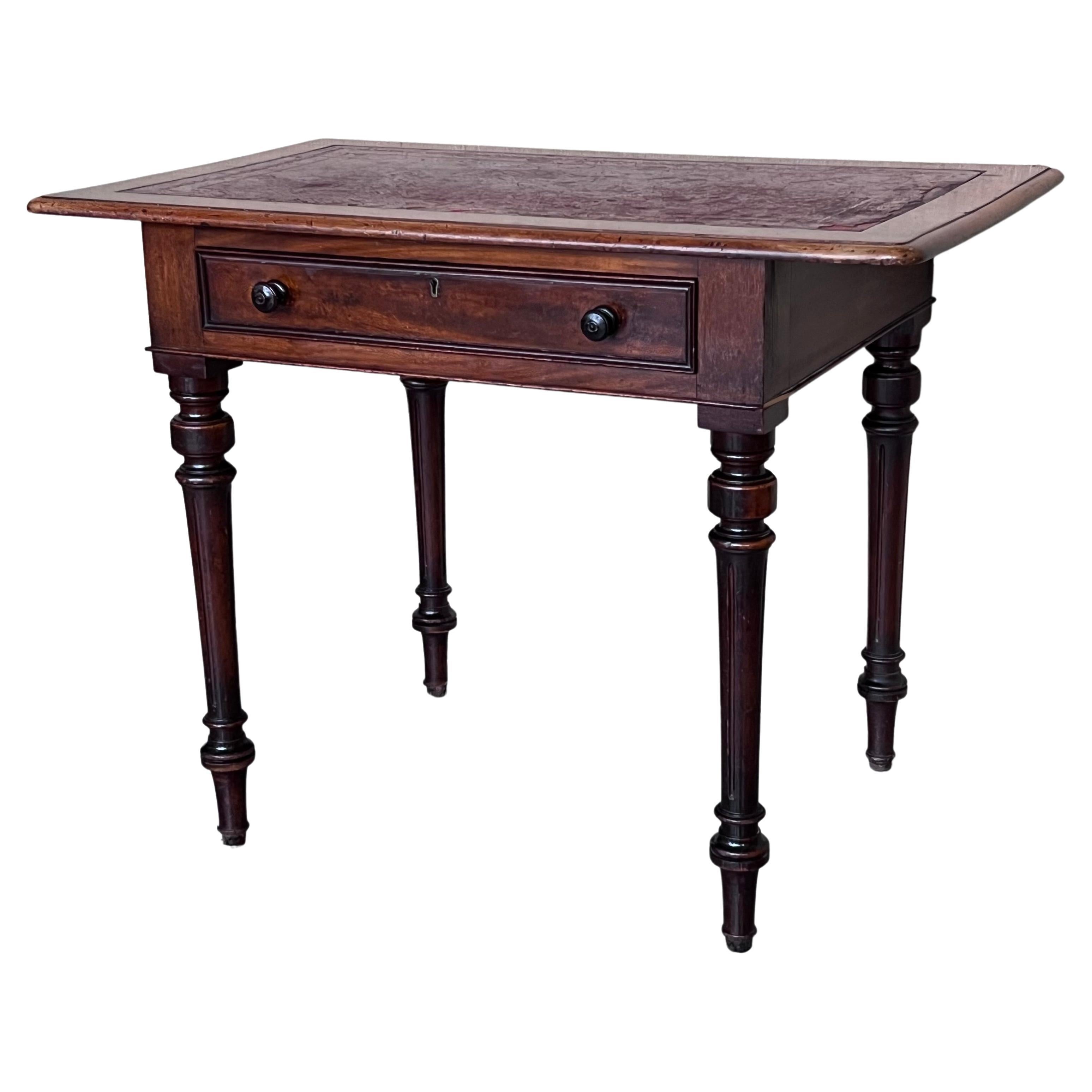 Spanish Country Pine Side Table with Two sides Drawer and leather top For Sale