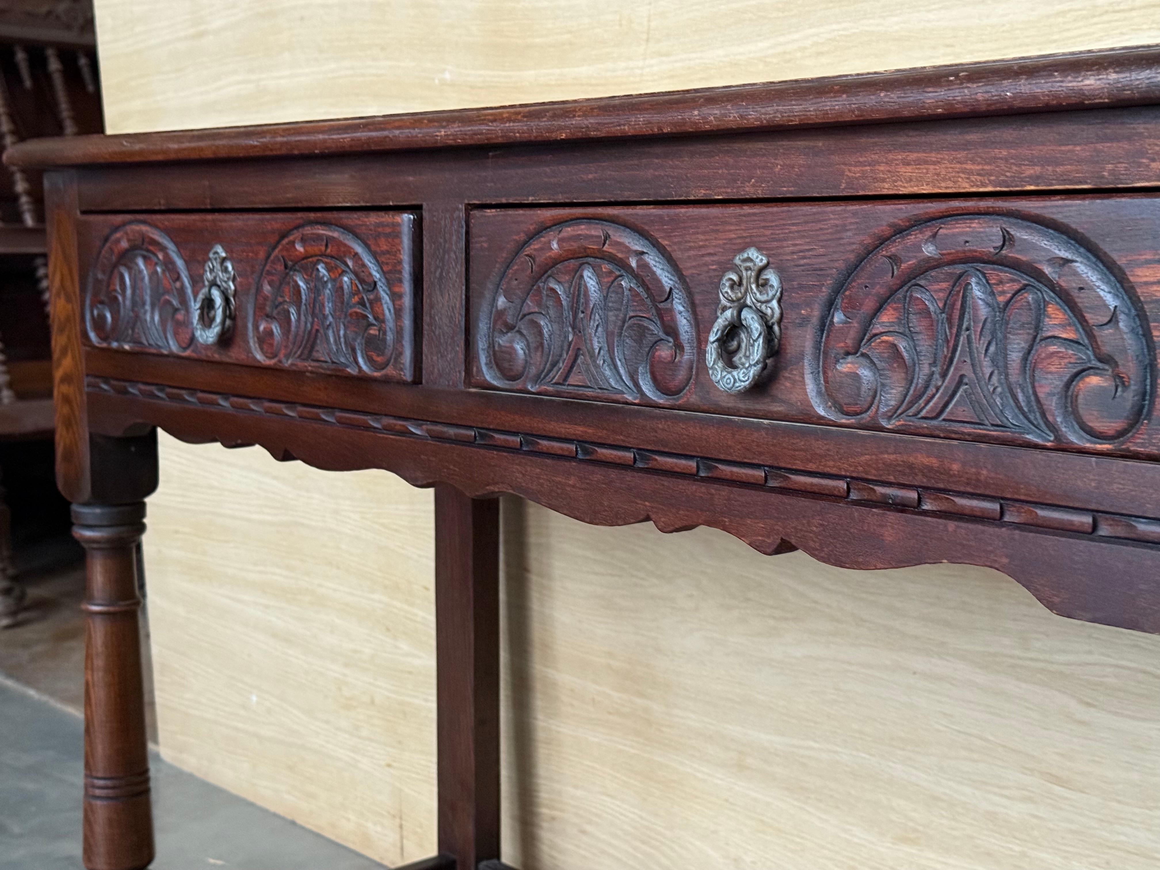 Spanish Country Walnut Sofa Table or Console table with Carved Drawers For Sale 7