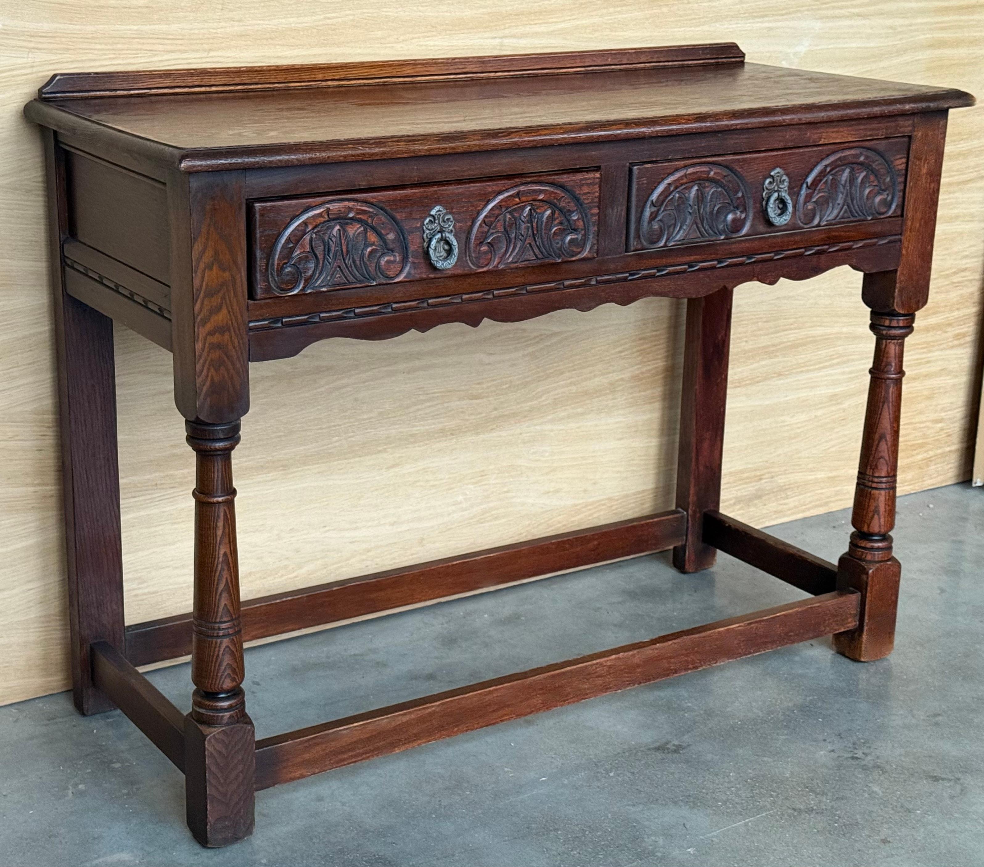 Iron Spanish Country Walnut Sofa Table or Console table with Carved Drawers For Sale
