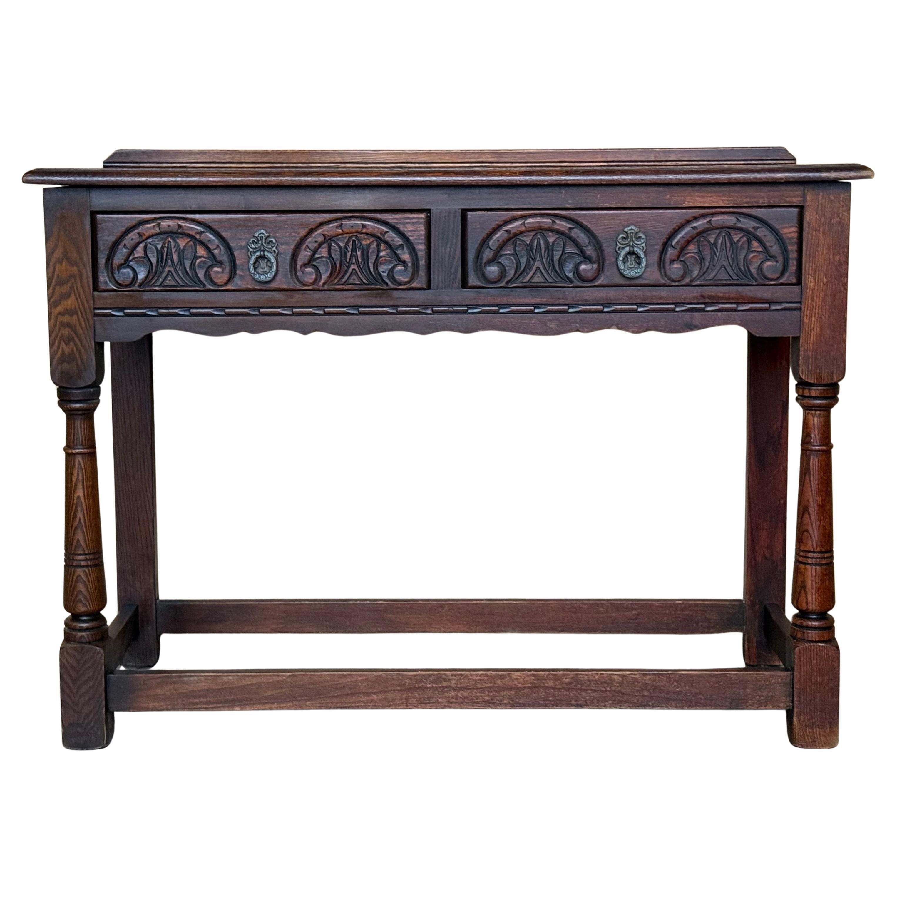 Spanish Country Walnut Sofa Table or Console table with Carved Drawers For Sale