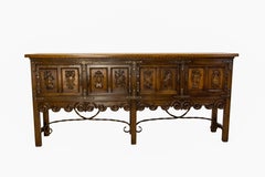 Spanish Credenza Sideboard Massive Oak & Wrought Iron Buffet, circa 1960