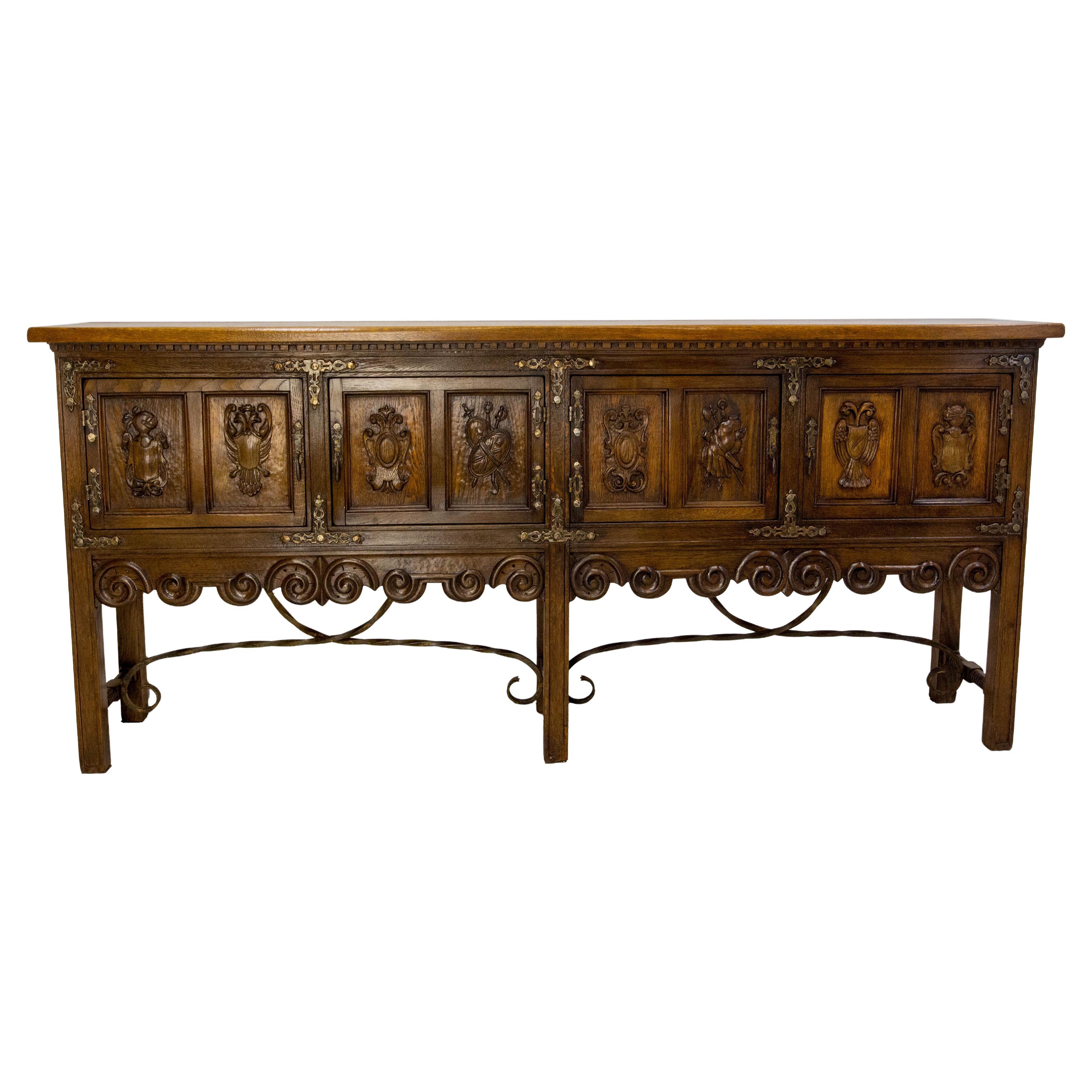 Spanish Credenza Sideboard Massive Oak & Wrought Iron Buffet, circa 1960