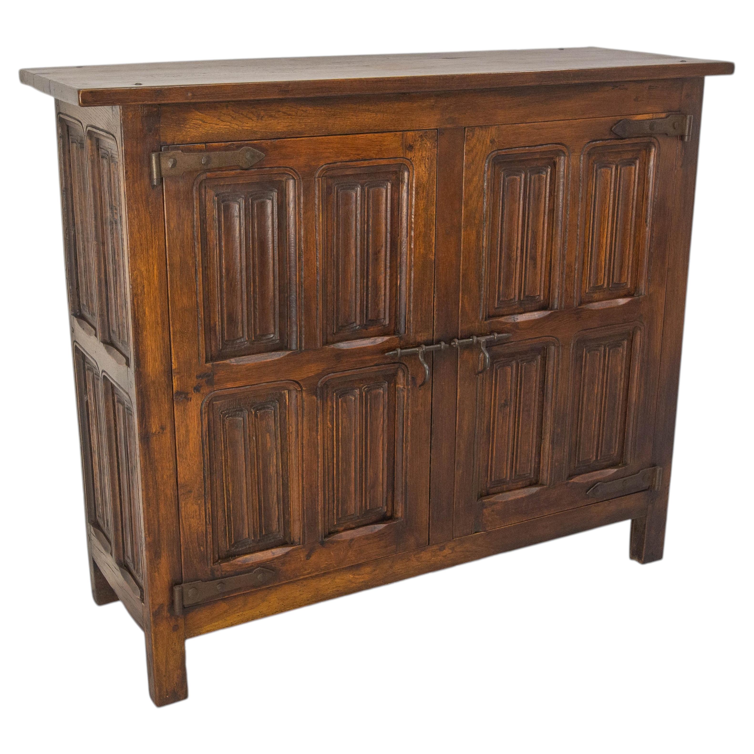 Spanish Credenza Sideboard Massive Oak & Wrought Iron Buffet Two Doors, c 1960 For Sale