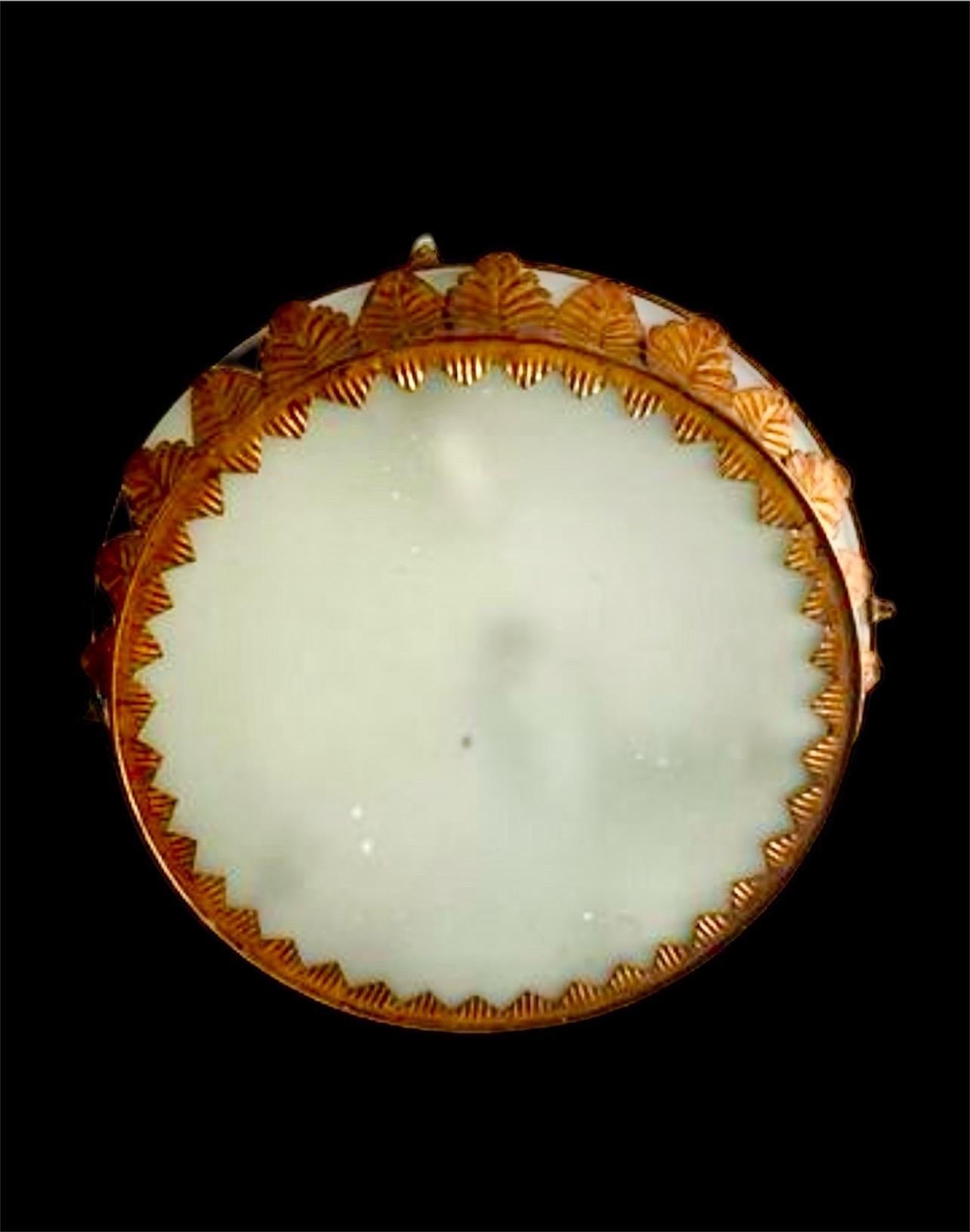 Large Spanish crown light in gilt metal and frosted glass, Spain, 1950s. Midcentury antique gilt iron frame or pendant with laurel leaf motifs surrounding a central frosted glass diffuser. Handcrafted in hammered iron with gold leaf finish. Superb