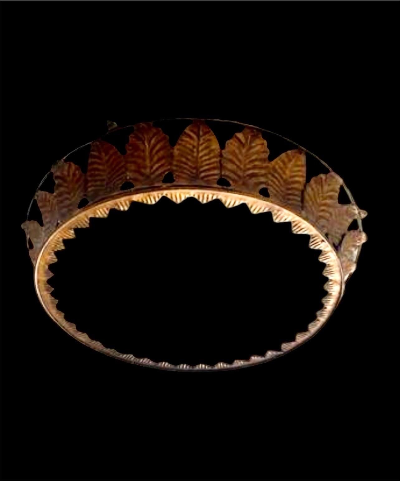 Mid-Century Modern Spanish Crown Sunburst fixture XXL in Gilt Metal and frost Glass , circa 1950 For Sale