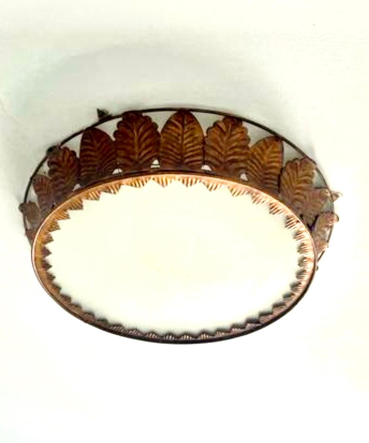 Mid-20th Century Spanish Crown Sunburst fixture XXL in Gilt Metal and frost Glass , circa 1950 For Sale
